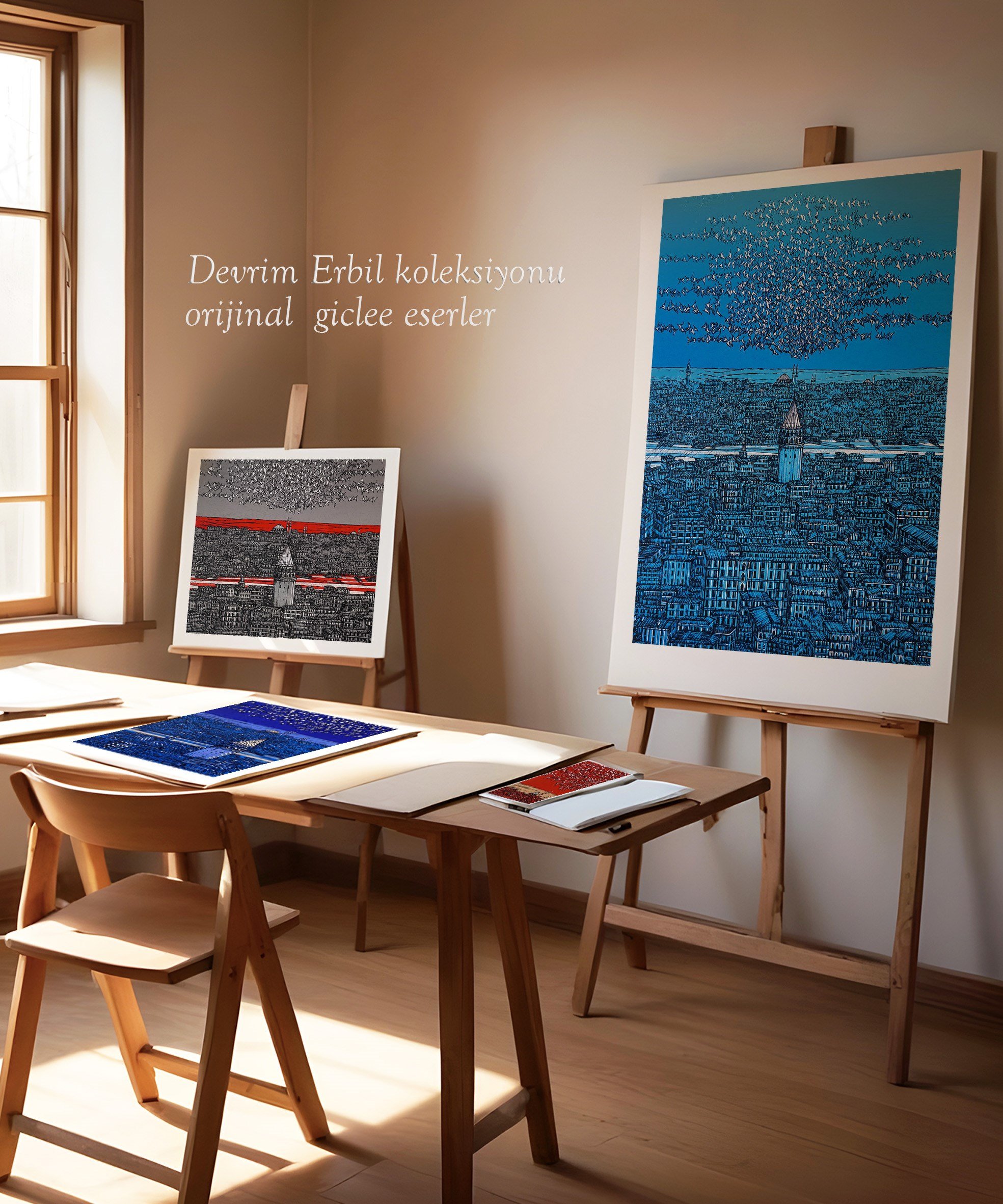 Mavi İstanbul Galata ve Kuşlar 54/100  | DEVRİM ERBİL GICLÉE  BASKI