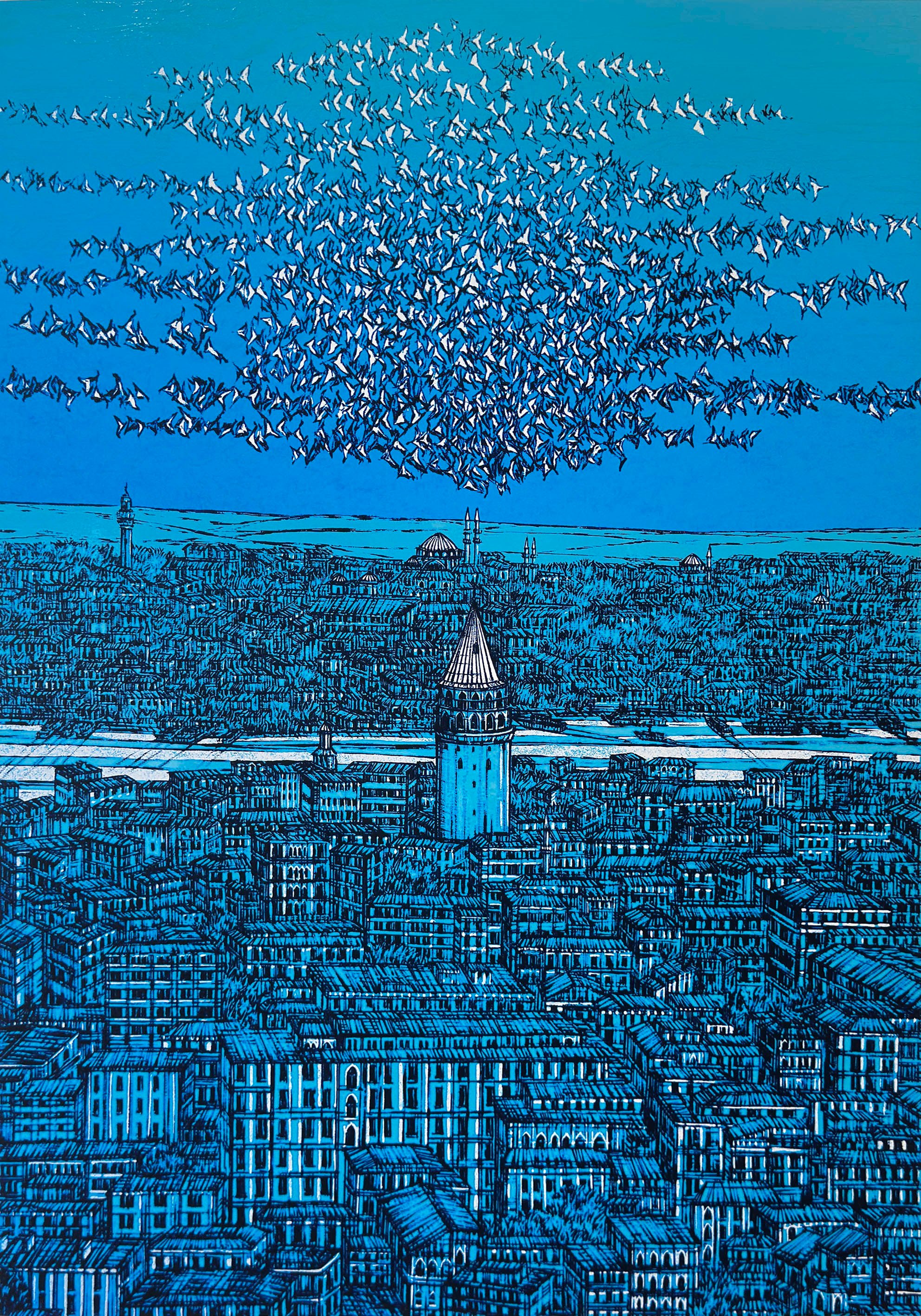 Mavi İstanbul Galata ve Kuşlar 54/100  | DEVRİM ERBİL GICLÉE  BASKI