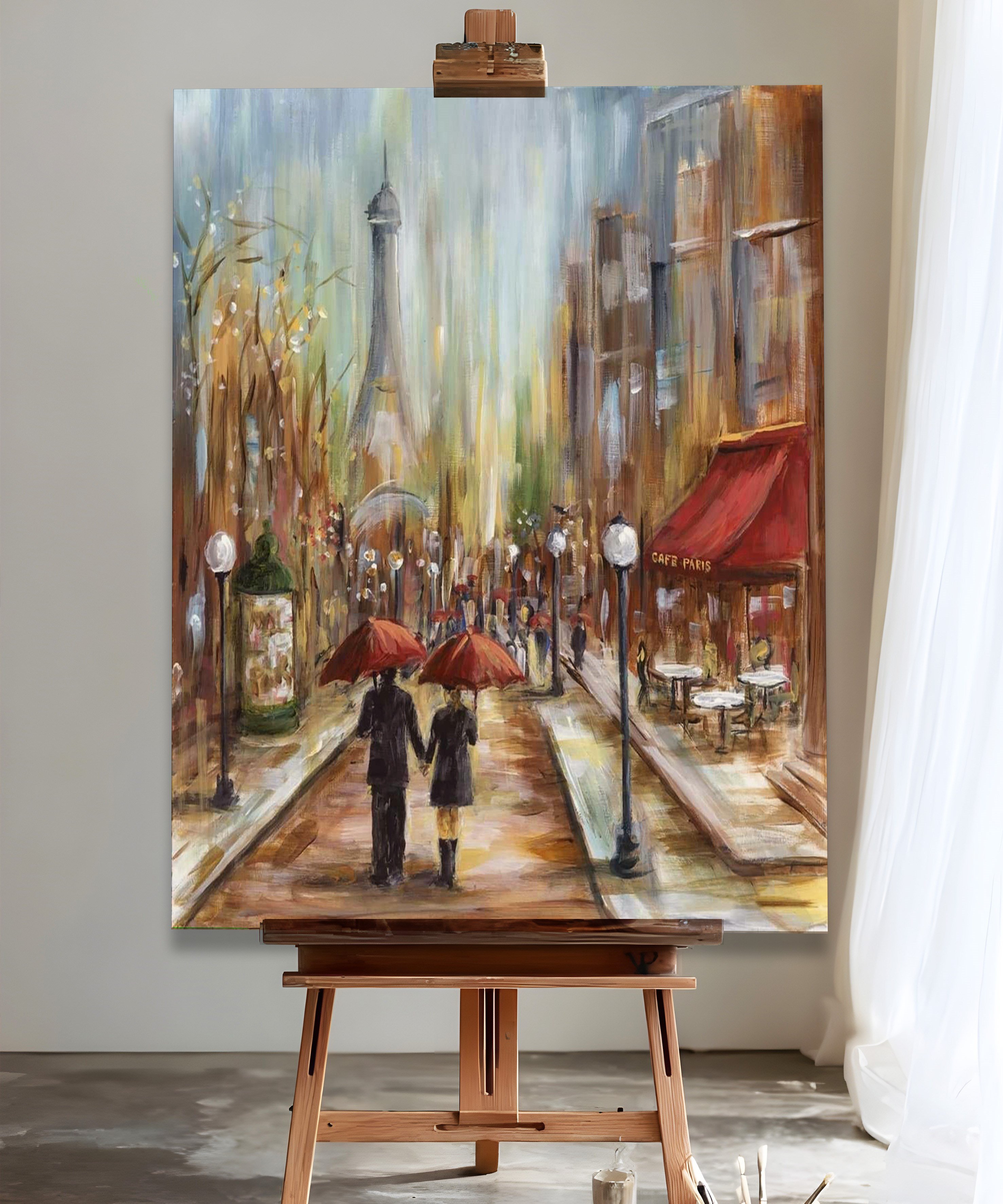 Paris'te Kırmızı Şemsiyeler | Yağlı Boya Dokulu Canvas Baskı