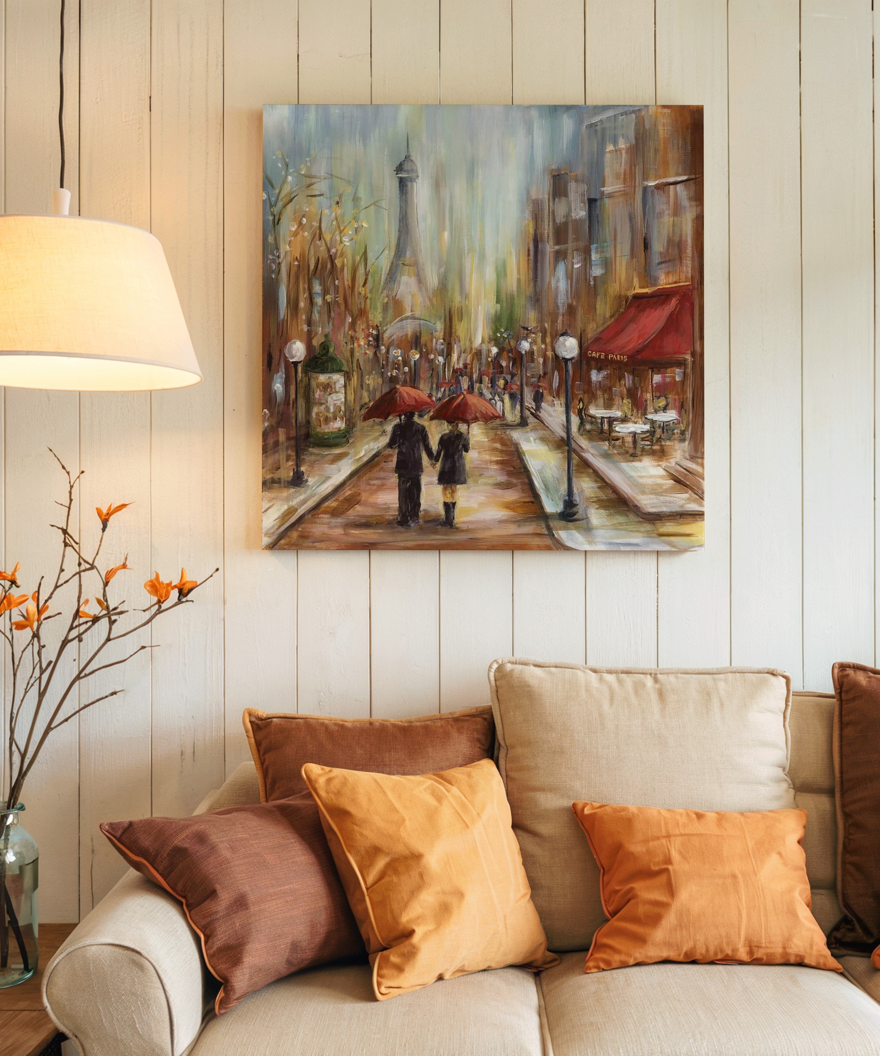 Paris'te Kırmızı Şemsiyeler | Yağlı Boya Dokulu Canvas Baskı