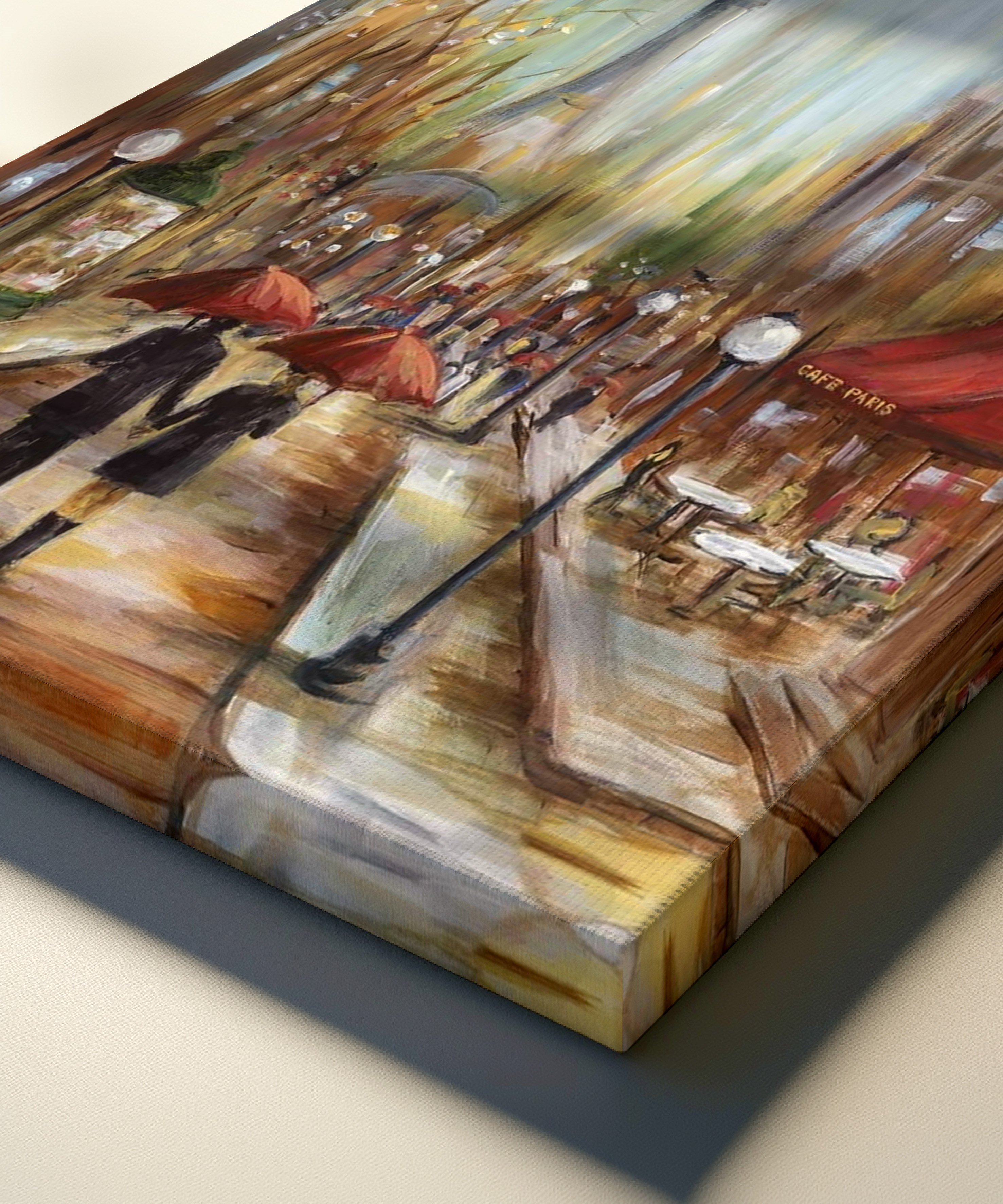 Paris'te Kırmızı Şemsiyeler | Yağlı Boya Dokulu Canvas Baskı