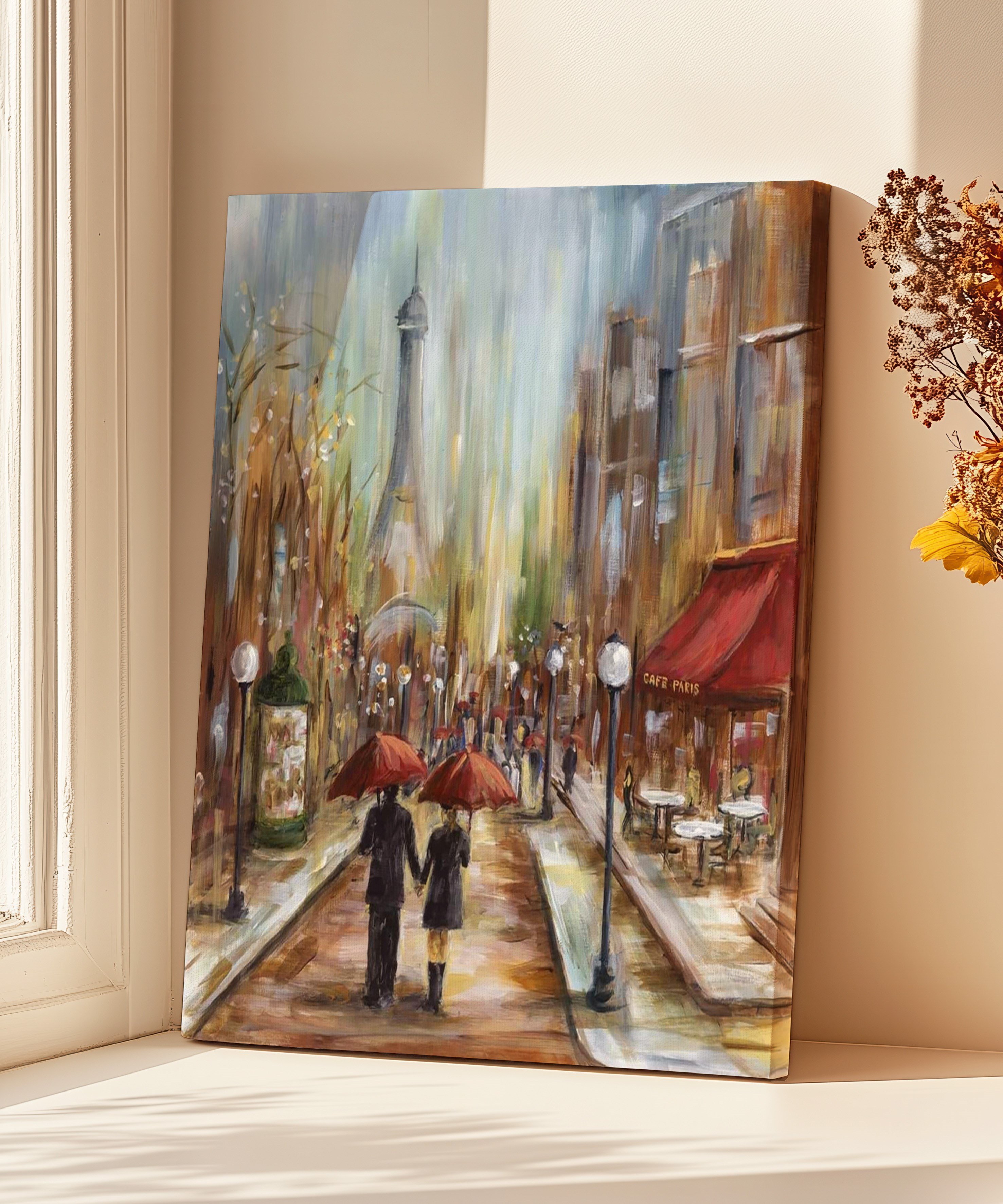 Paris'te Kırmızı Şemsiyeler | Yağlı Boya Dokulu Canvas Baskı