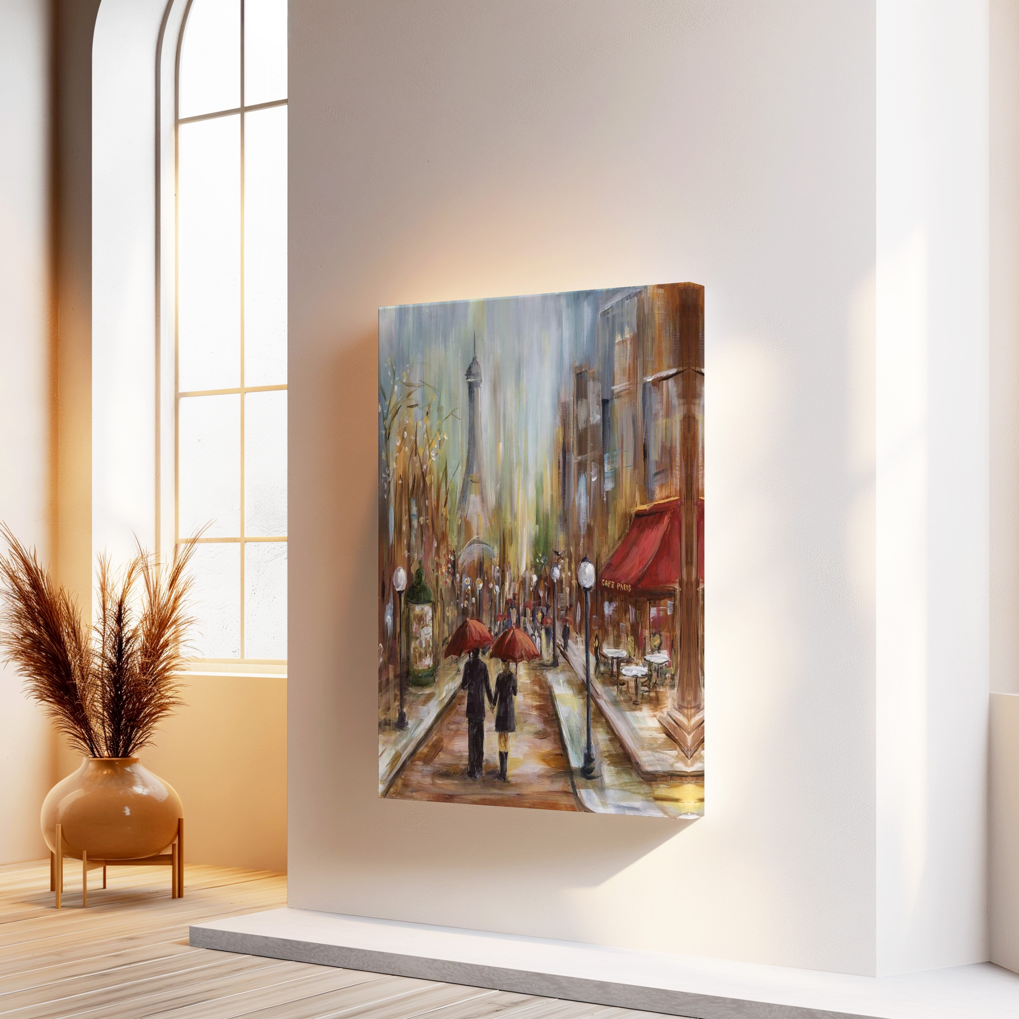 Paris'te Kırmızı Şemsiyeler | Yağlı Boya Dokulu Canvas Baskı