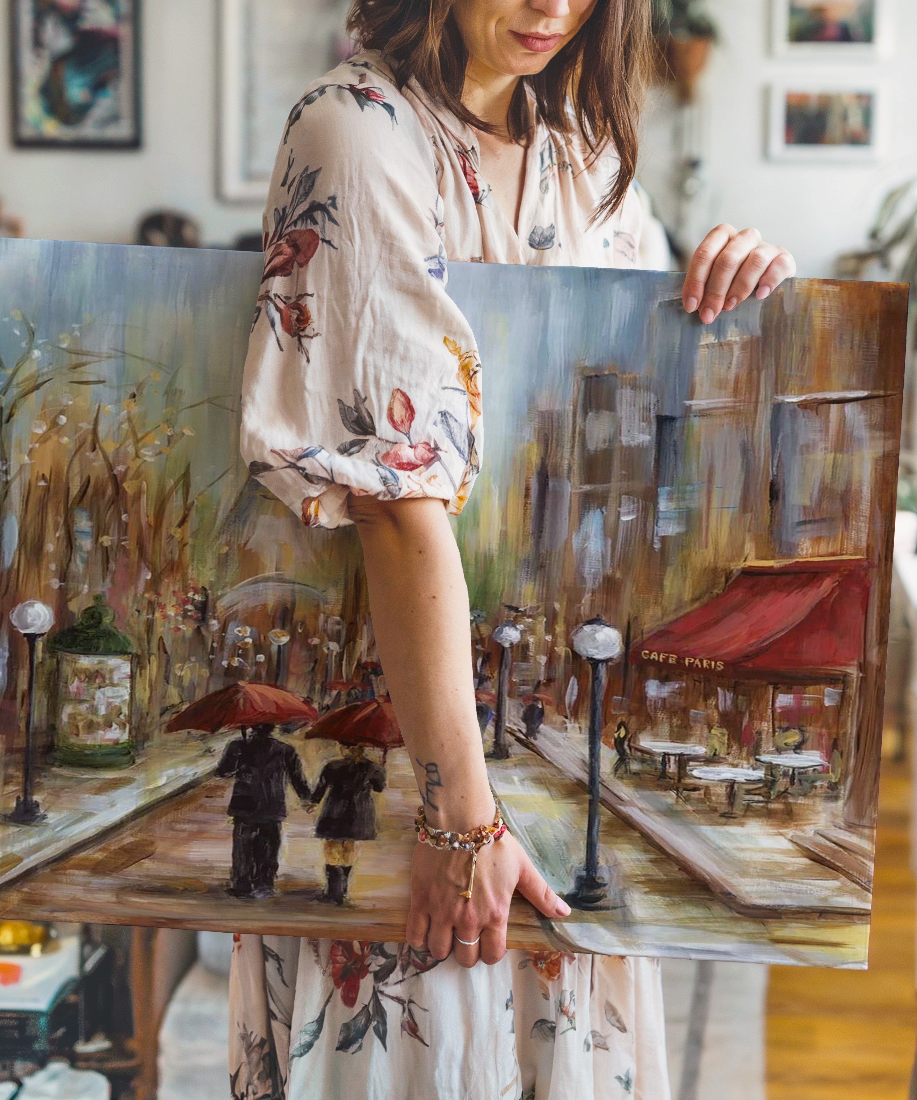 Paris'te Kırmızı Şemsiyeler | Yağlı Boya Dokulu Canvas Baskı