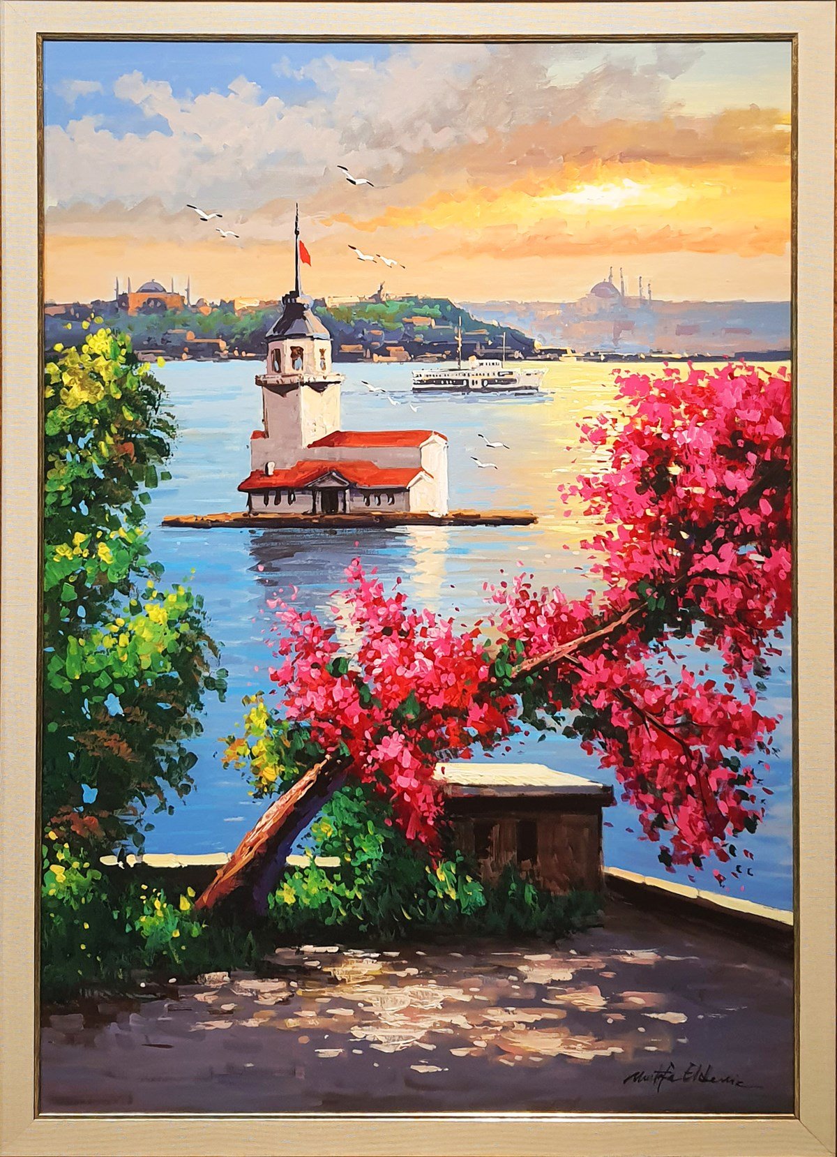 Pembe Çiçeklerle Kız Kulesi  | Yağlı Boya Tabloİstanbul