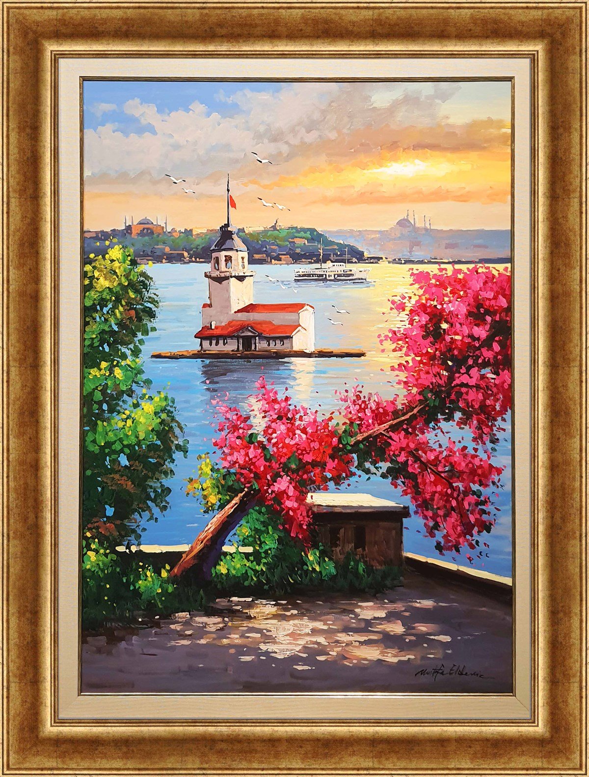 Pembe Çiçeklerle Kız Kulesi  | Yağlı Boya Tabloİstanbul