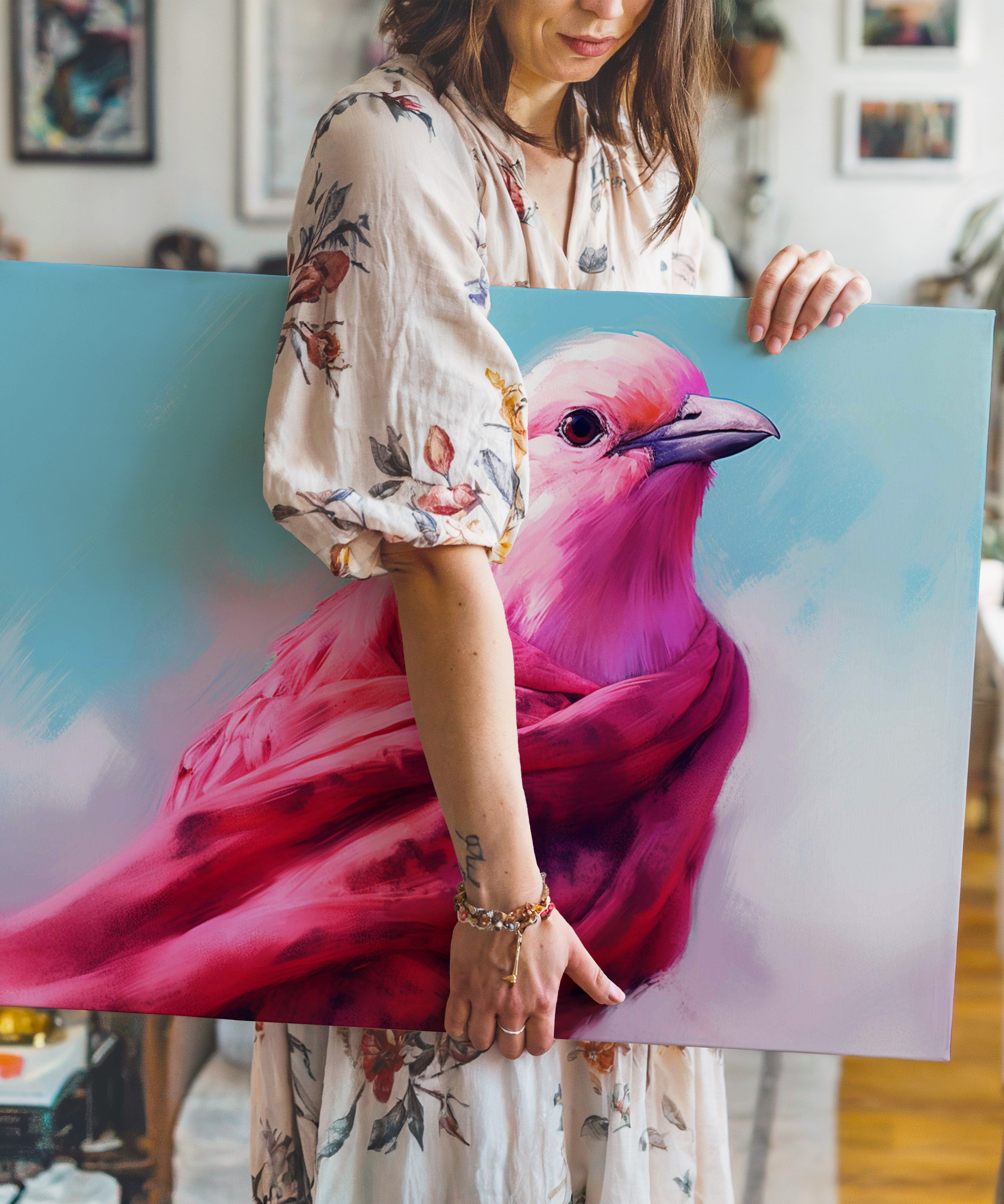 Pembe Kanatların Şarkısı | Yağlı Boya Dokulu Canvas Baskı
