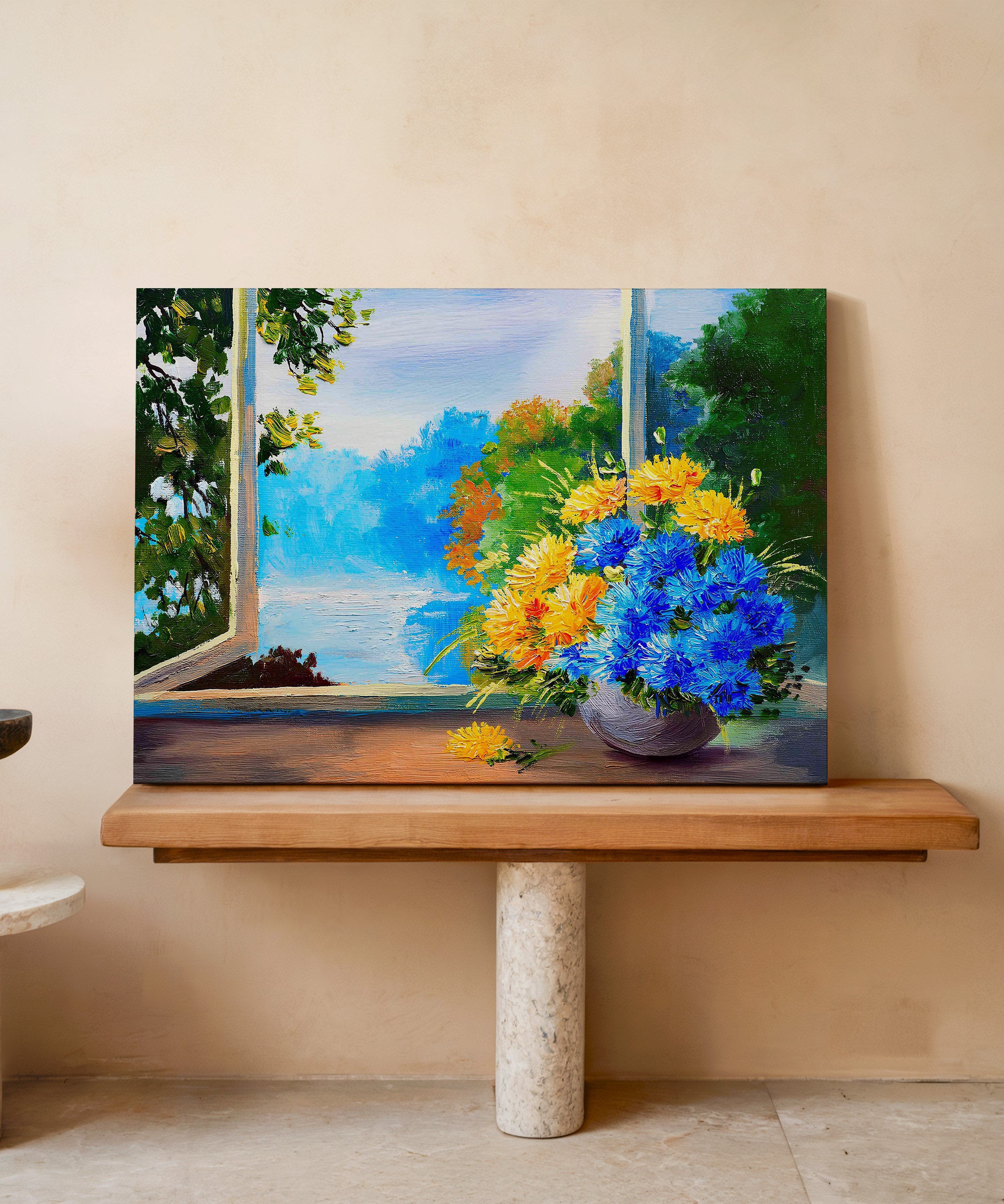 Pencere Önü Çiçeği | Yağlıboya dokulu canvas baskı
