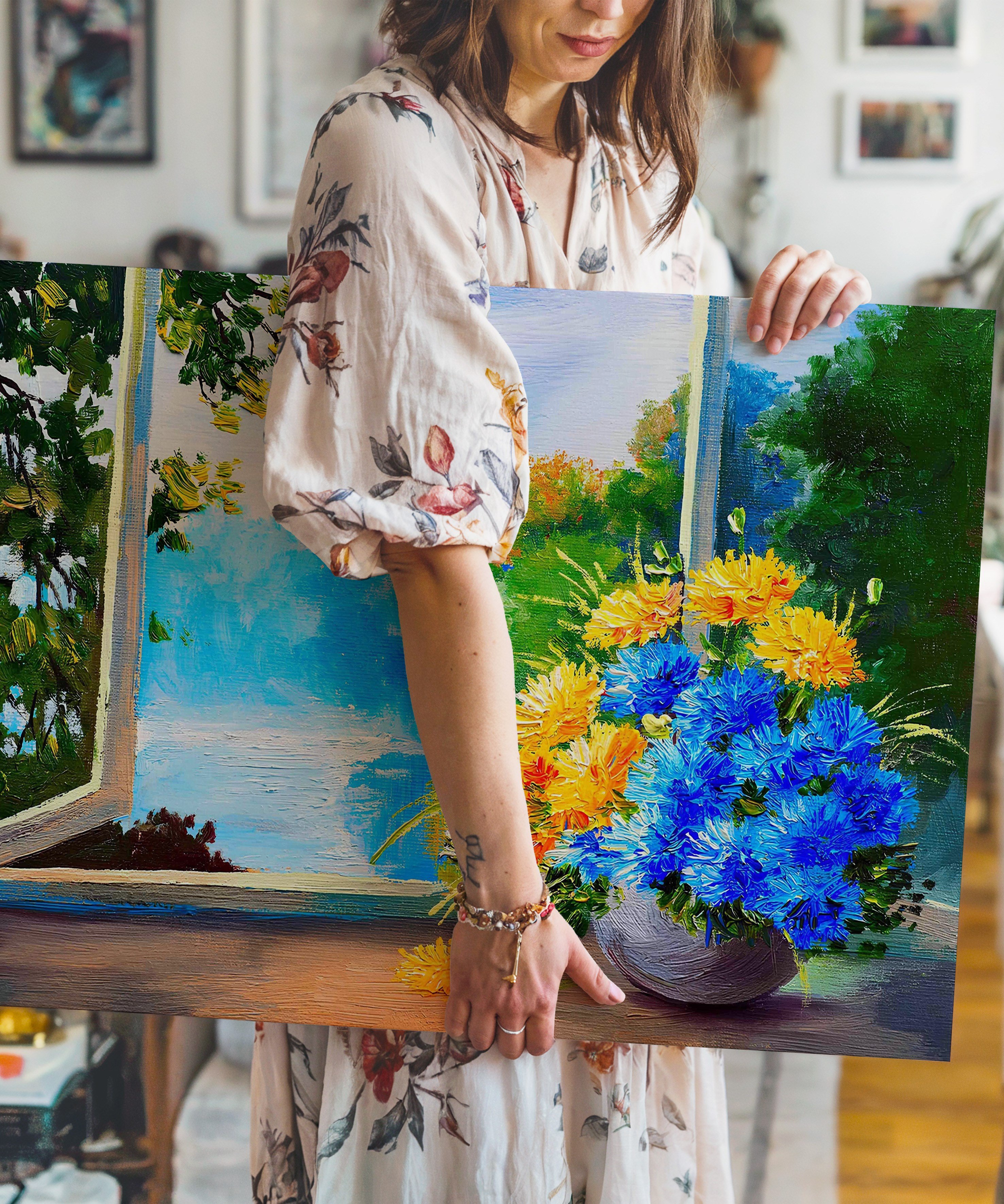 Pencere Önü Çiçeği | Yağlıboya dokulu canvas baskı