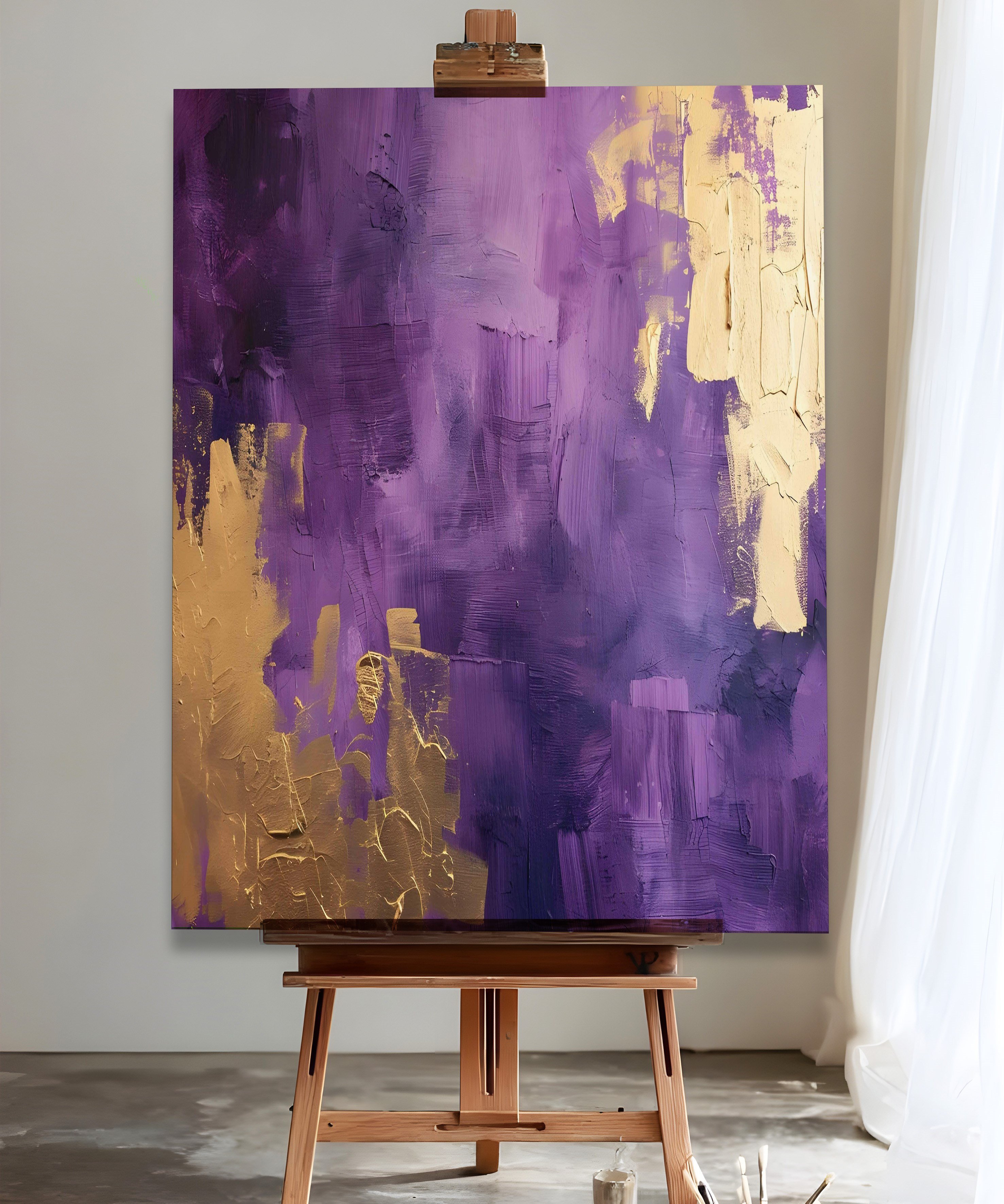 Purple and Gold Abstract | Yağlıboya dokulu canvas baskı