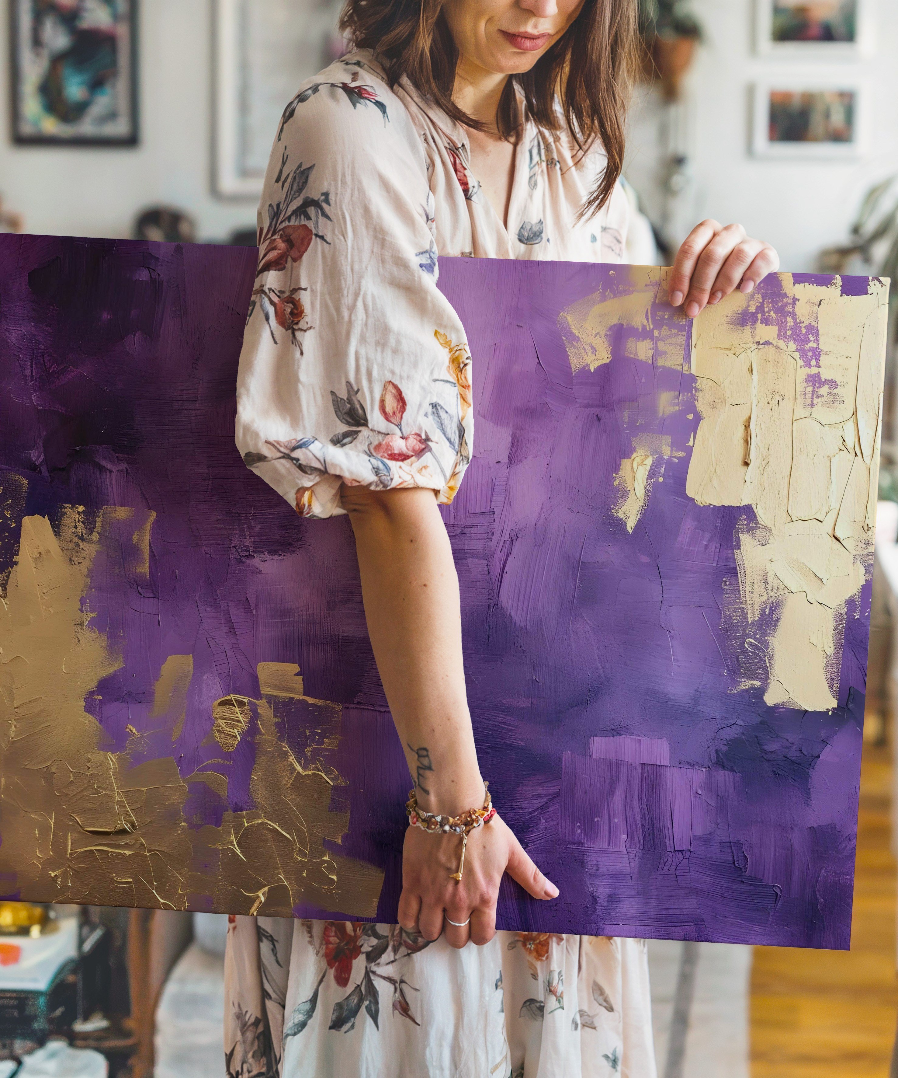 Purple and Gold Abstract | Yağlıboya dokulu canvas baskı