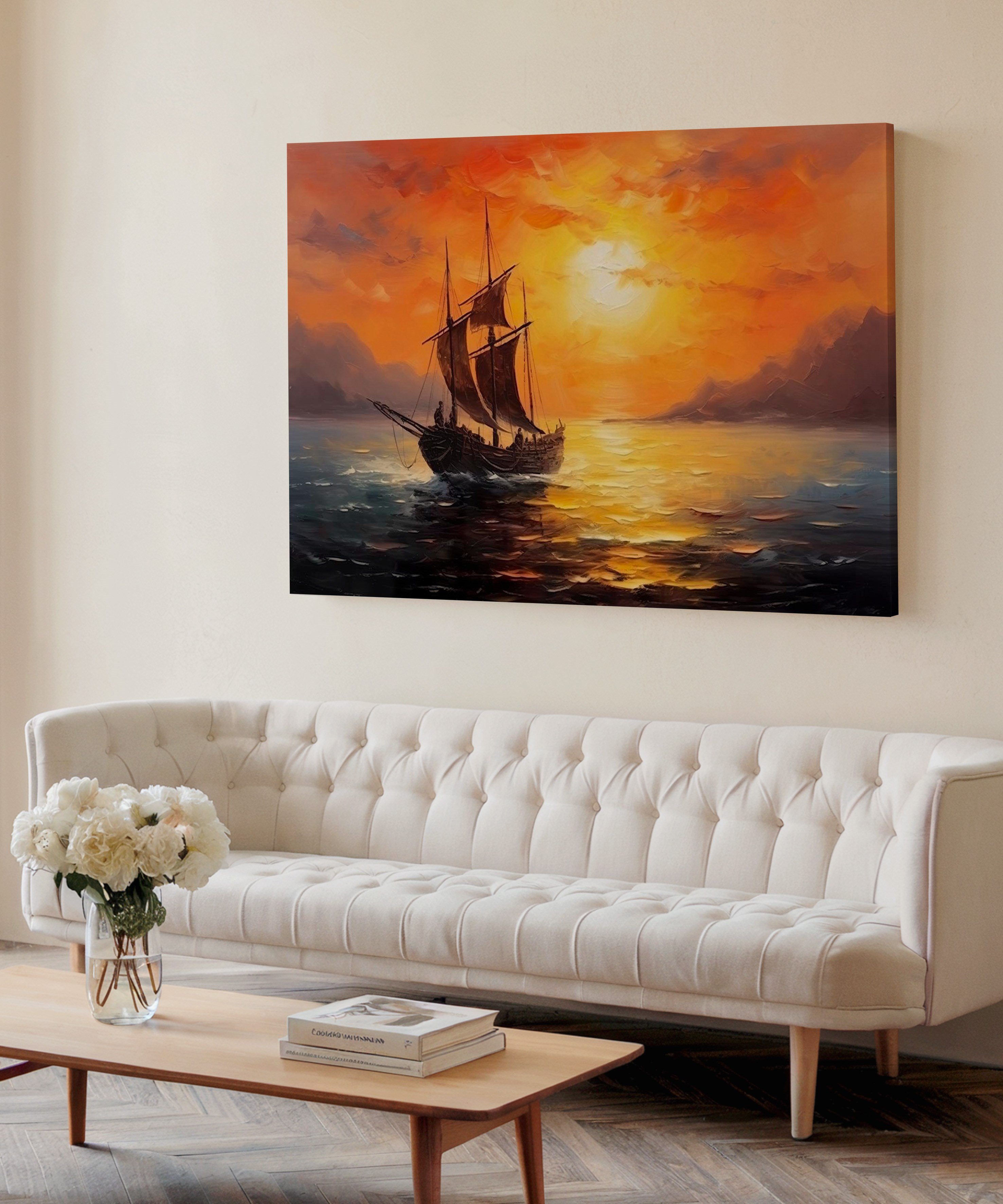 Şafakta Yelkenli Gemi | Yağlıboya dokulu canvas baskı