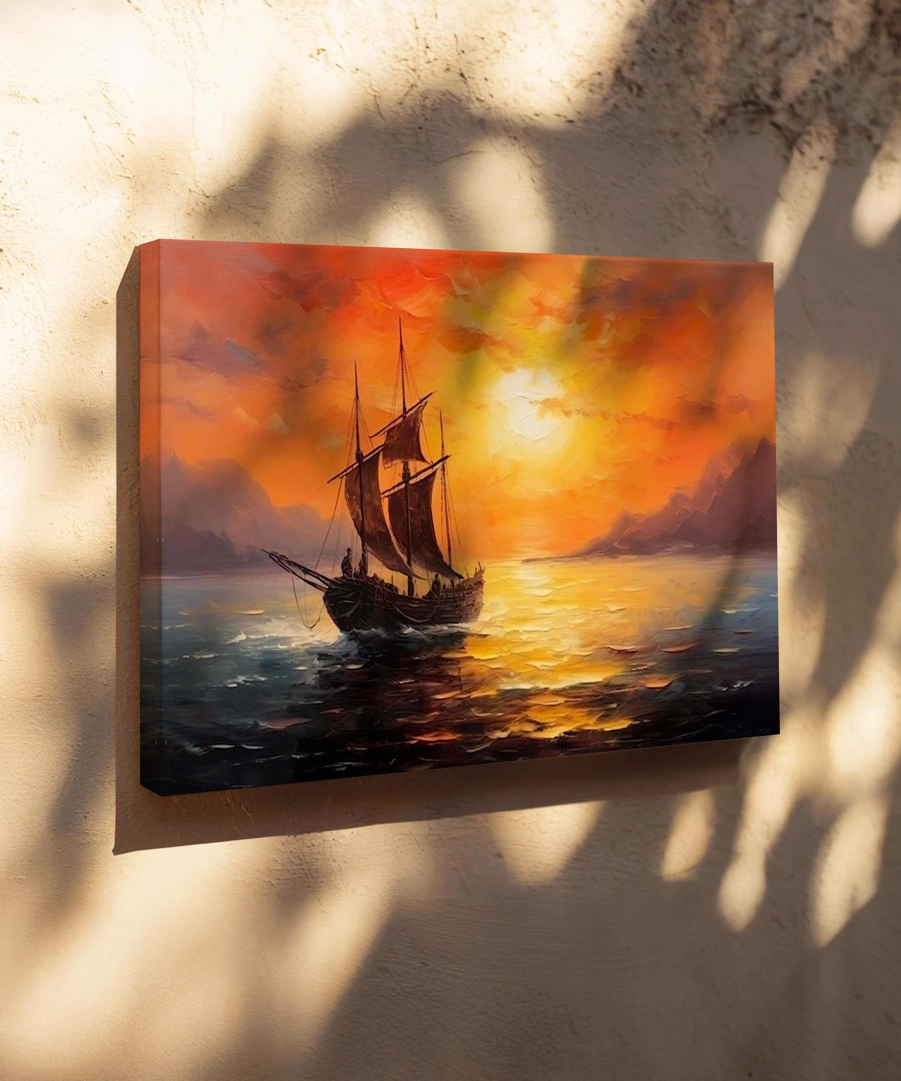 Şafakta Yelkenli Gemi | Yağlıboya dokulu canvas baskı