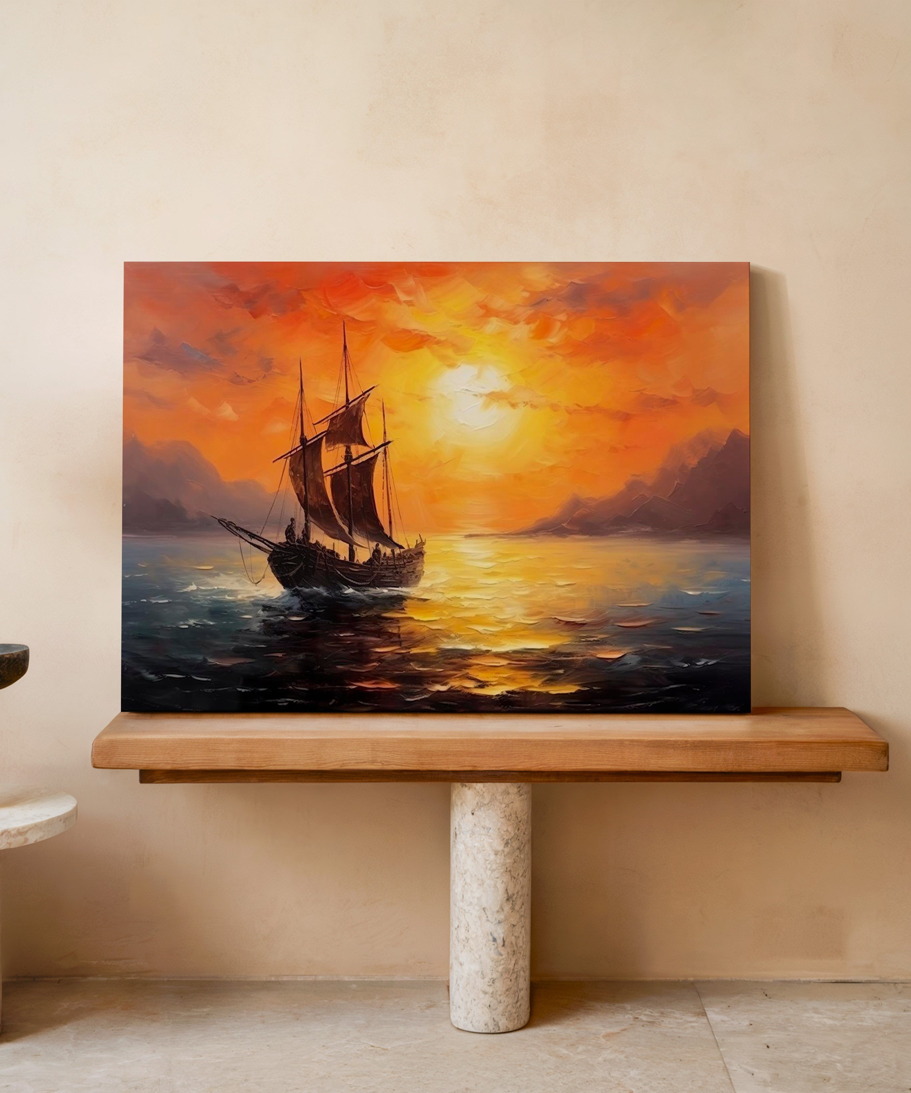 Şafakta Yelkenli Gemi | Yağlıboya dokulu canvas baskı