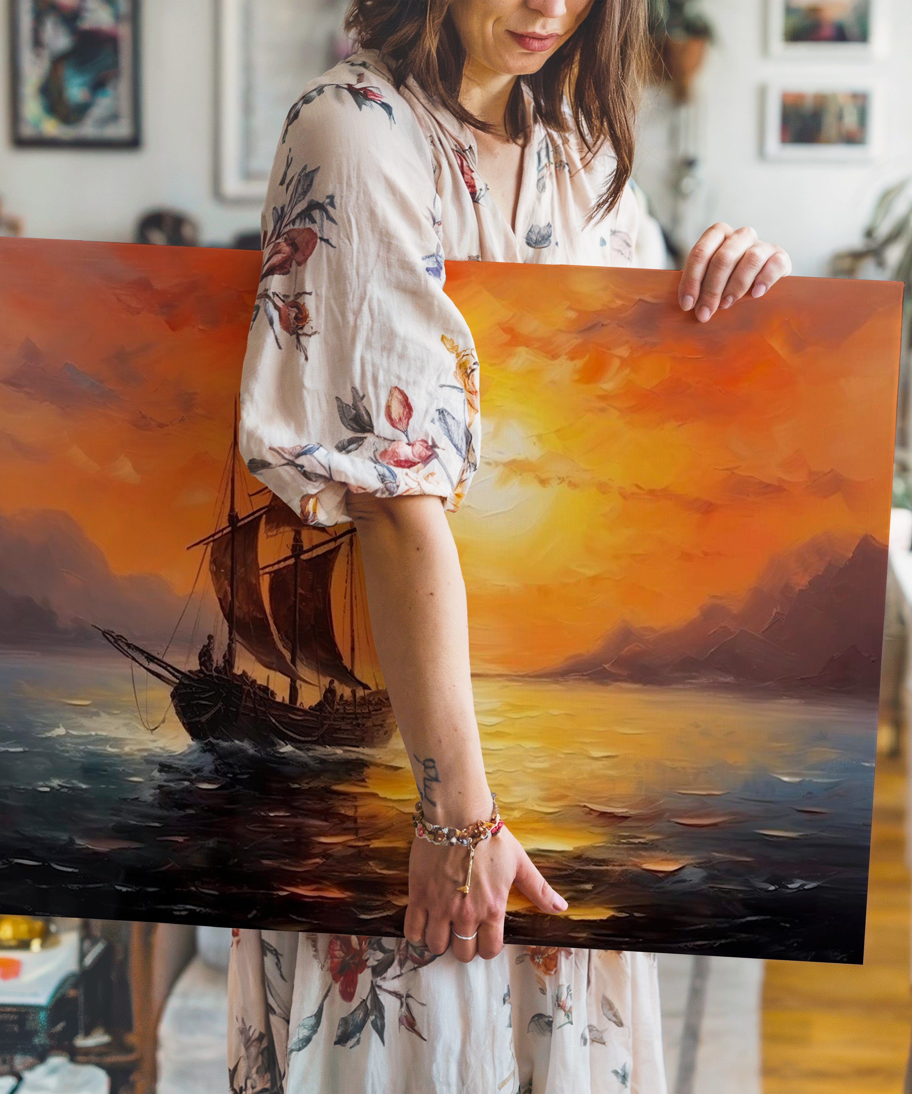 Şafakta Yelkenli Gemi | Yağlıboya dokulu canvas baskı