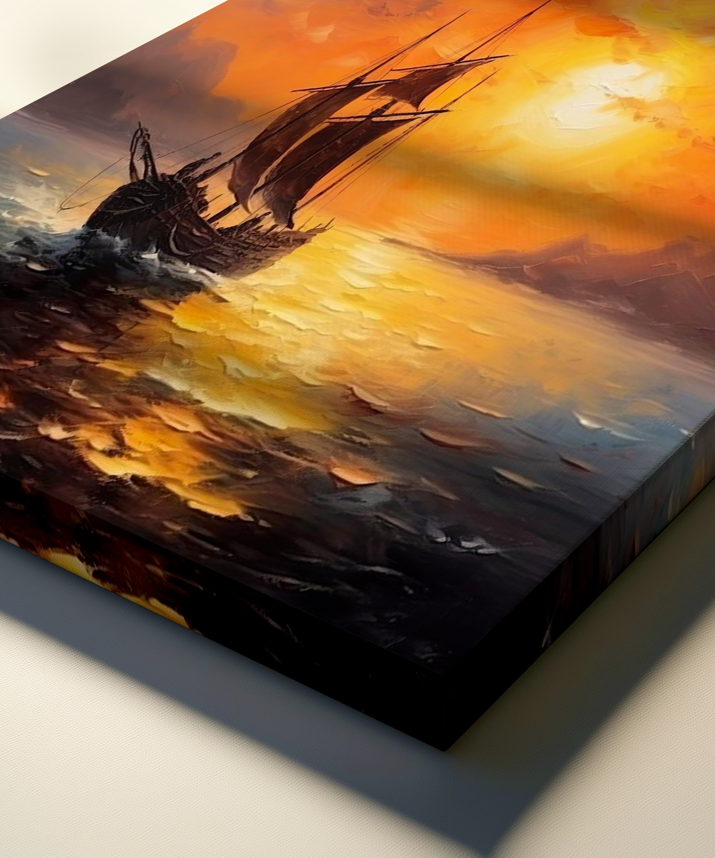 Şafakta Yelkenli Gemi | Yağlıboya dokulu canvas baskı