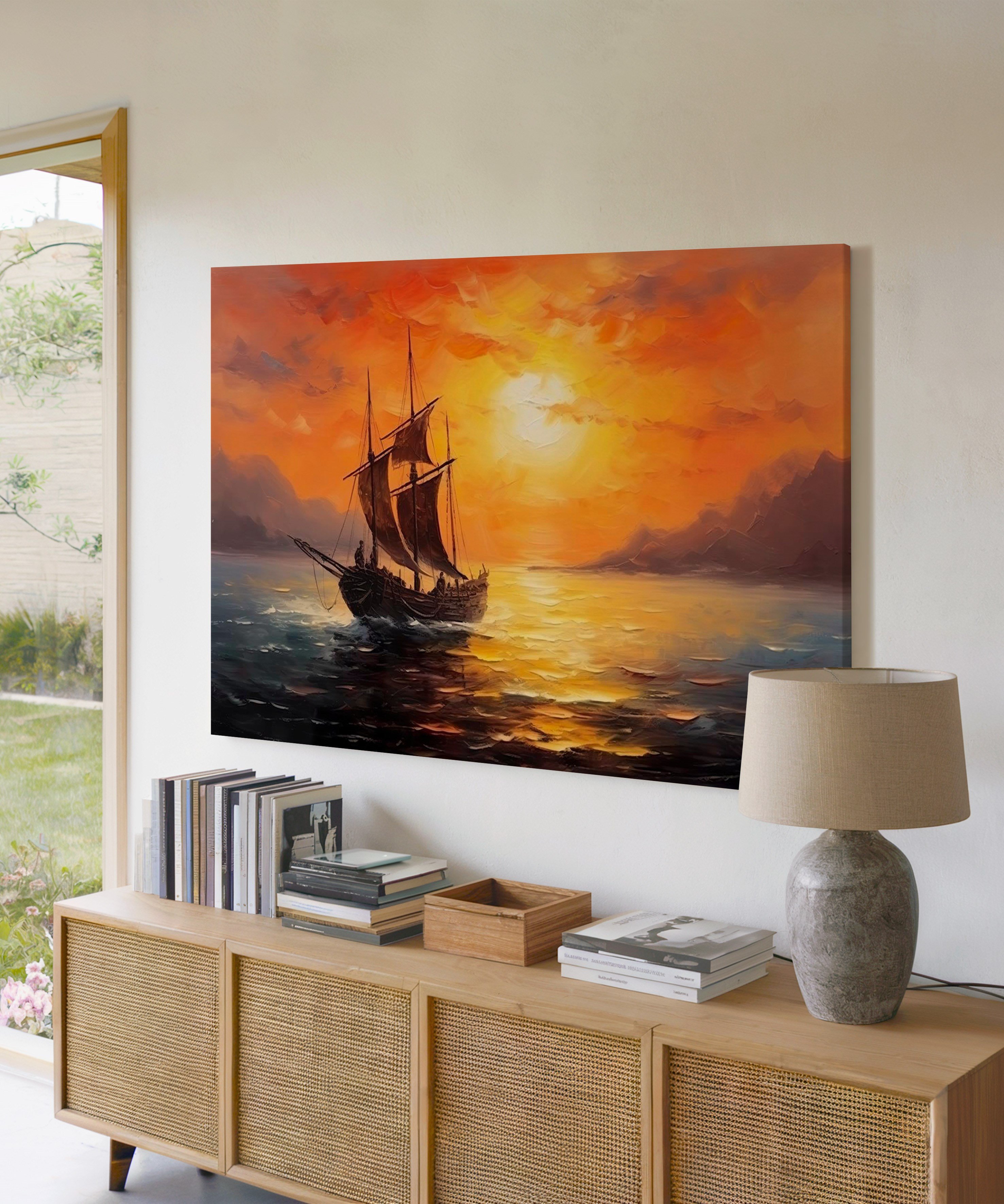 Şafakta Yelkenli Gemi | Yağlıboya dokulu canvas baskı
