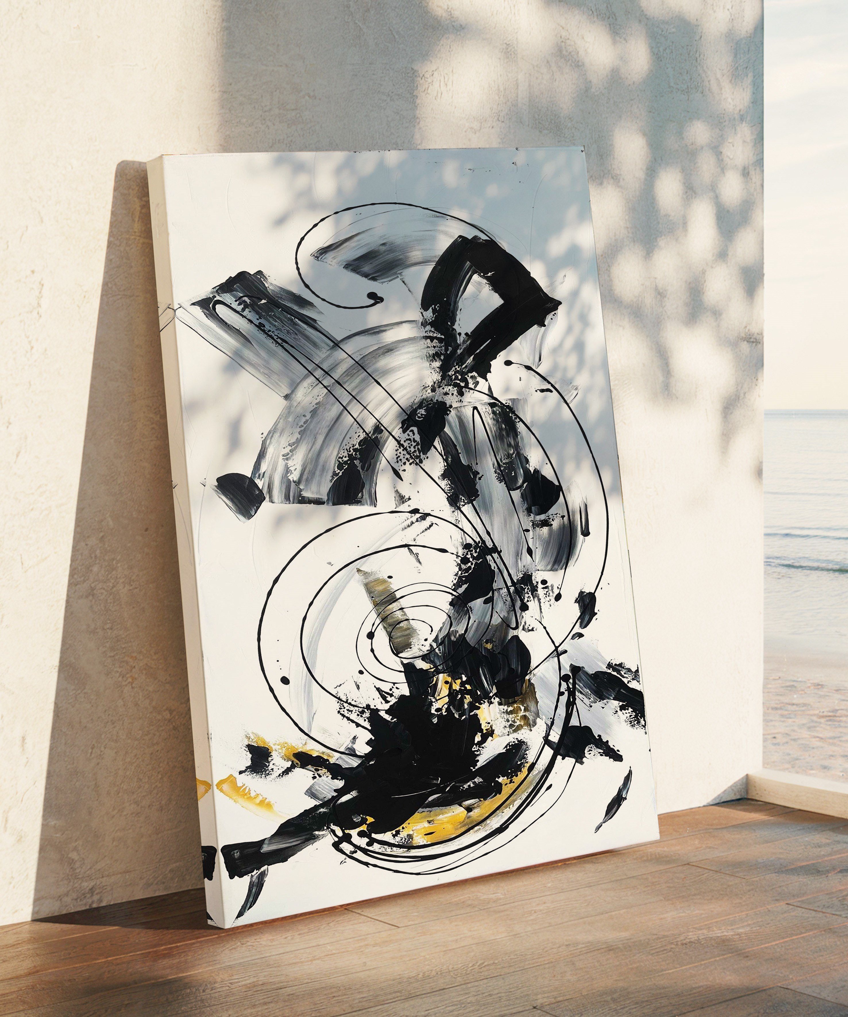Siyah Beyaz Soyut | Yağlıboya dokulu canvas baskı
