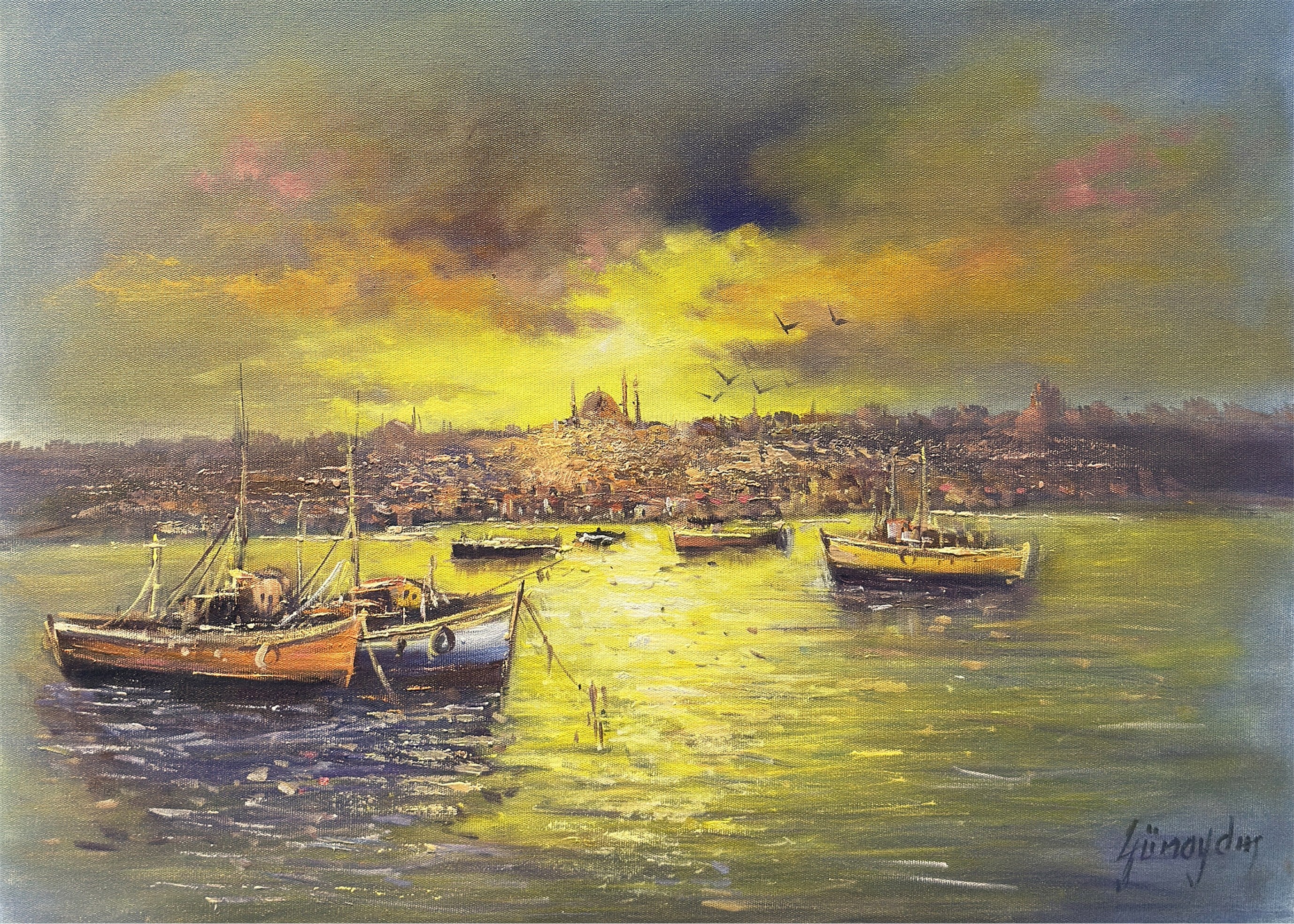 Tarihi İstanbul ve Gün Batımı | Orijinal Yağlı Boya Şehir & Deniz Peyzaj Tablo