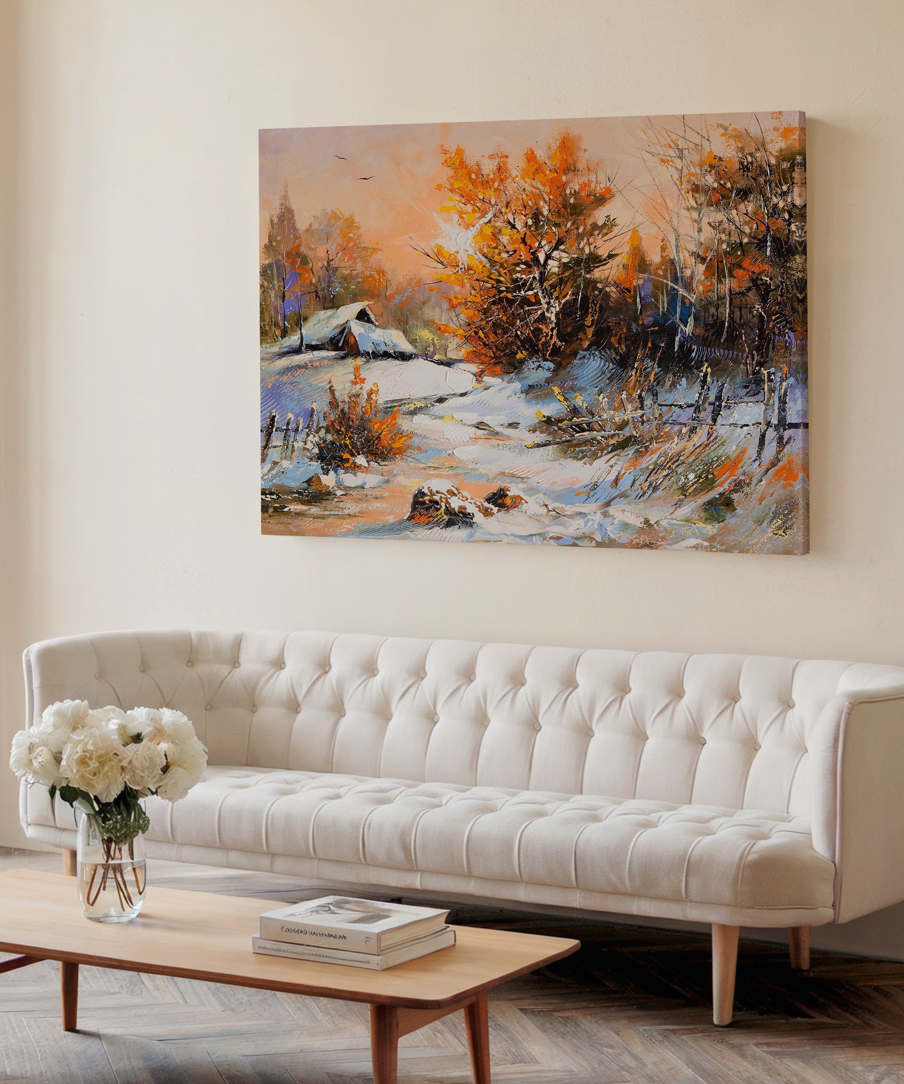 Turuncu Yansımalı Karlar | Yağlıboya dokulu canvas baskı