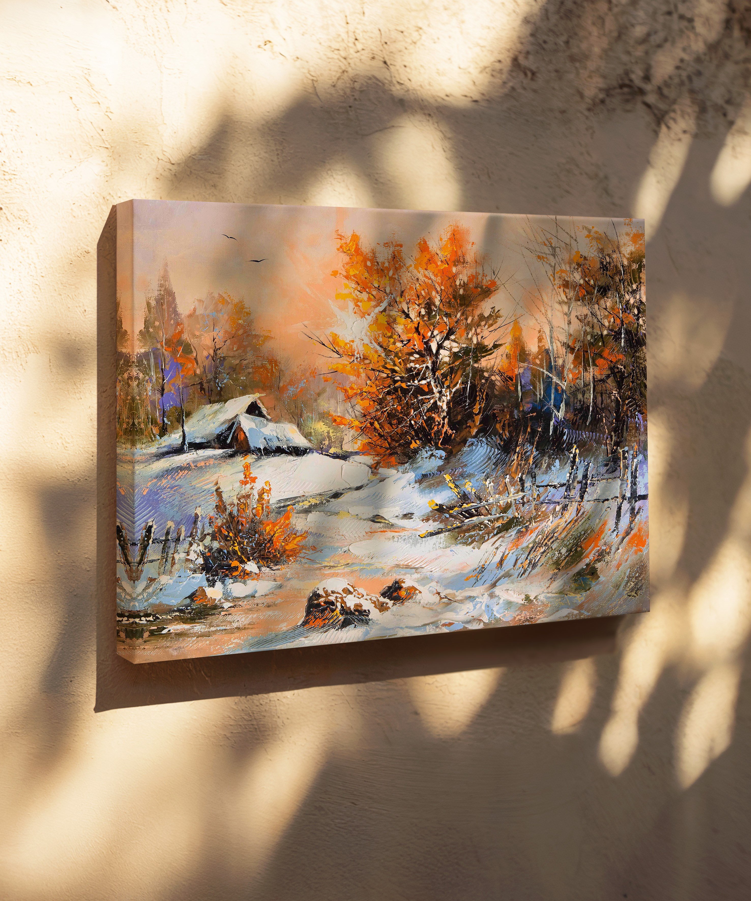 Turuncu Yansımalı Karlar | Yağlıboya dokulu canvas baskı