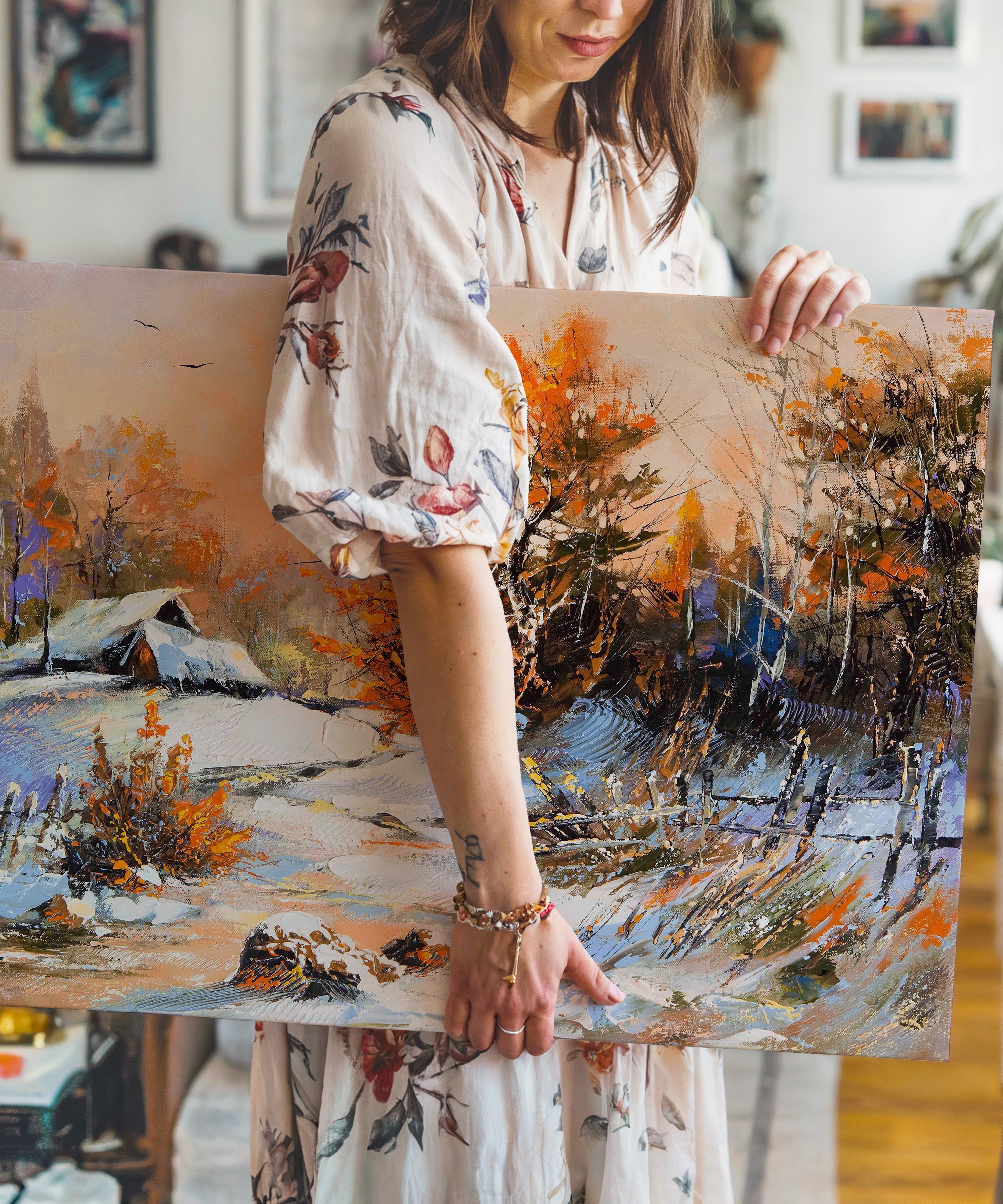Turuncu Yansımalı Karlar | Yağlıboya dokulu canvas baskı
