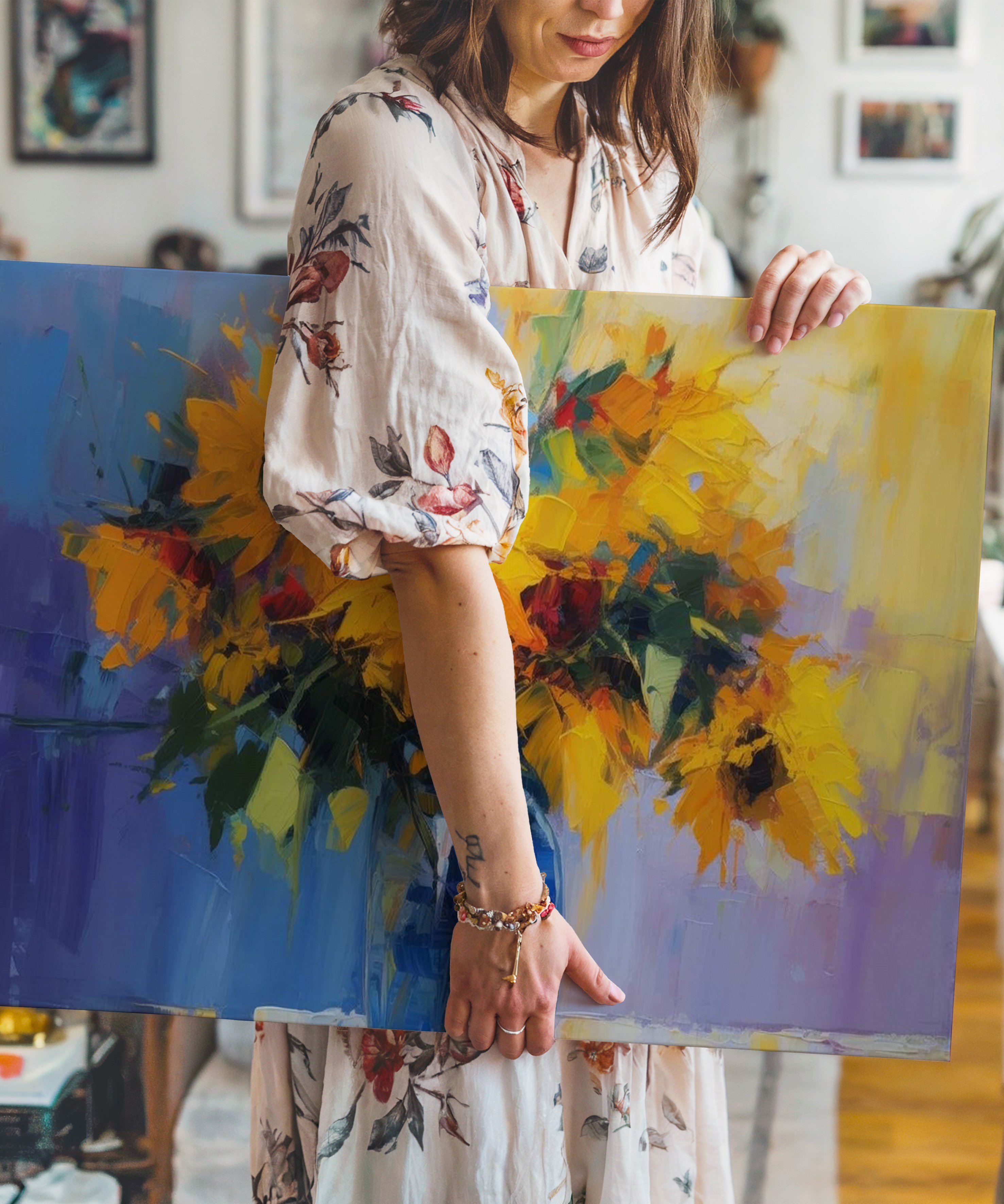 Vazoda Ayçiçekleri | Yağlıboya dokulu canvas baskı