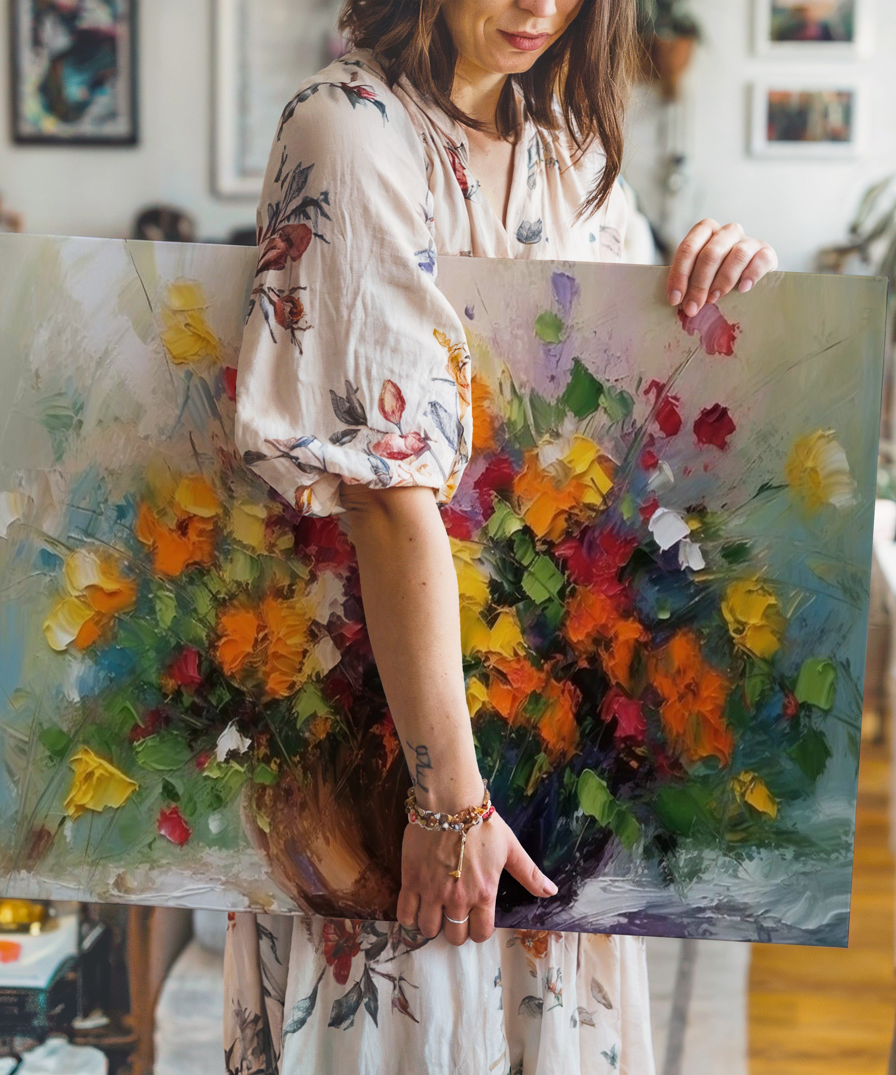 Vazodan Taşan Çiçekler | Yağlıboya dokulu canvas baskı