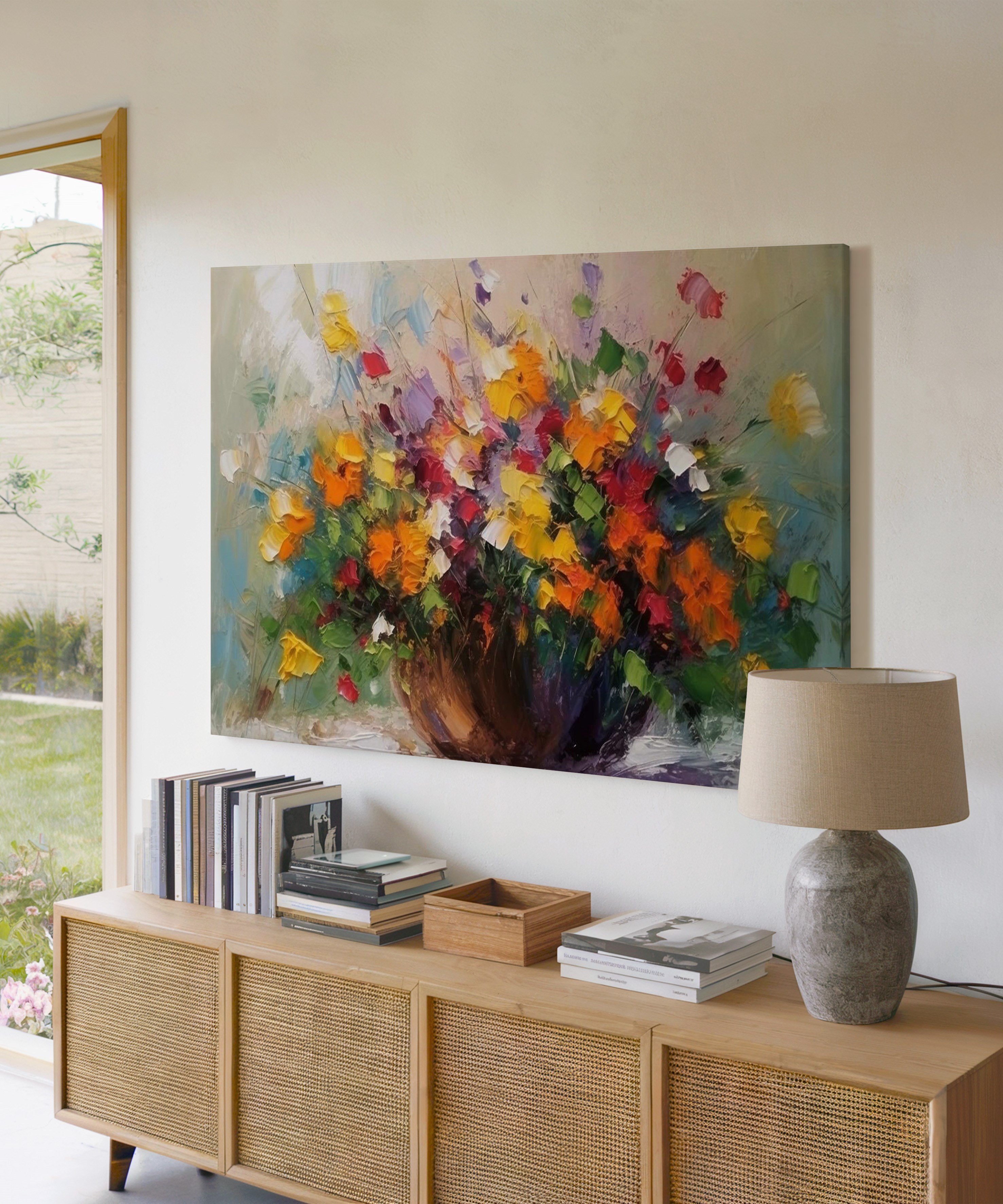 Vazodan Taşan Çiçekler | Yağlıboya dokulu canvas baskı