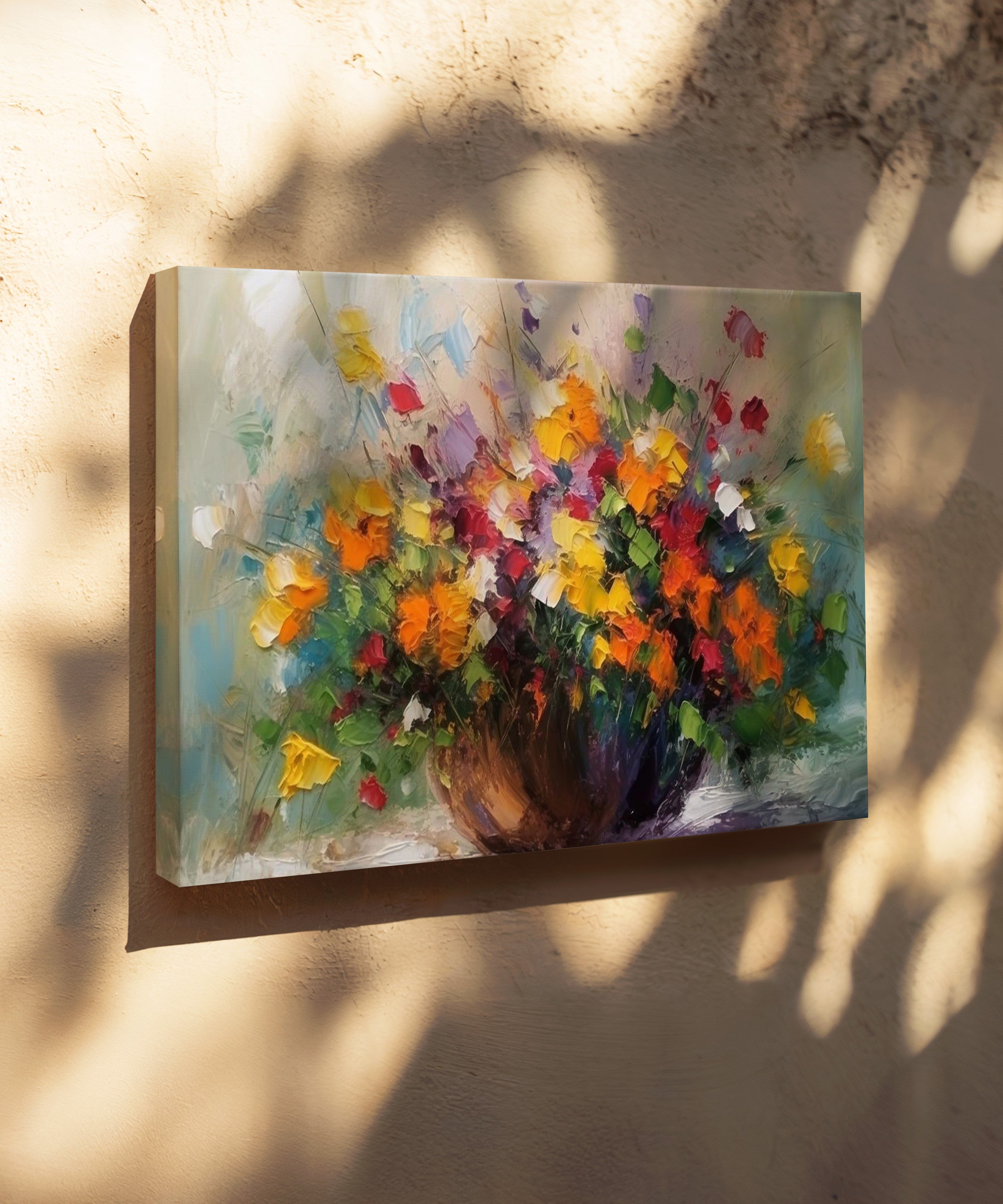 Vazodan Taşan Çiçekler | Yağlıboya dokulu canvas baskı