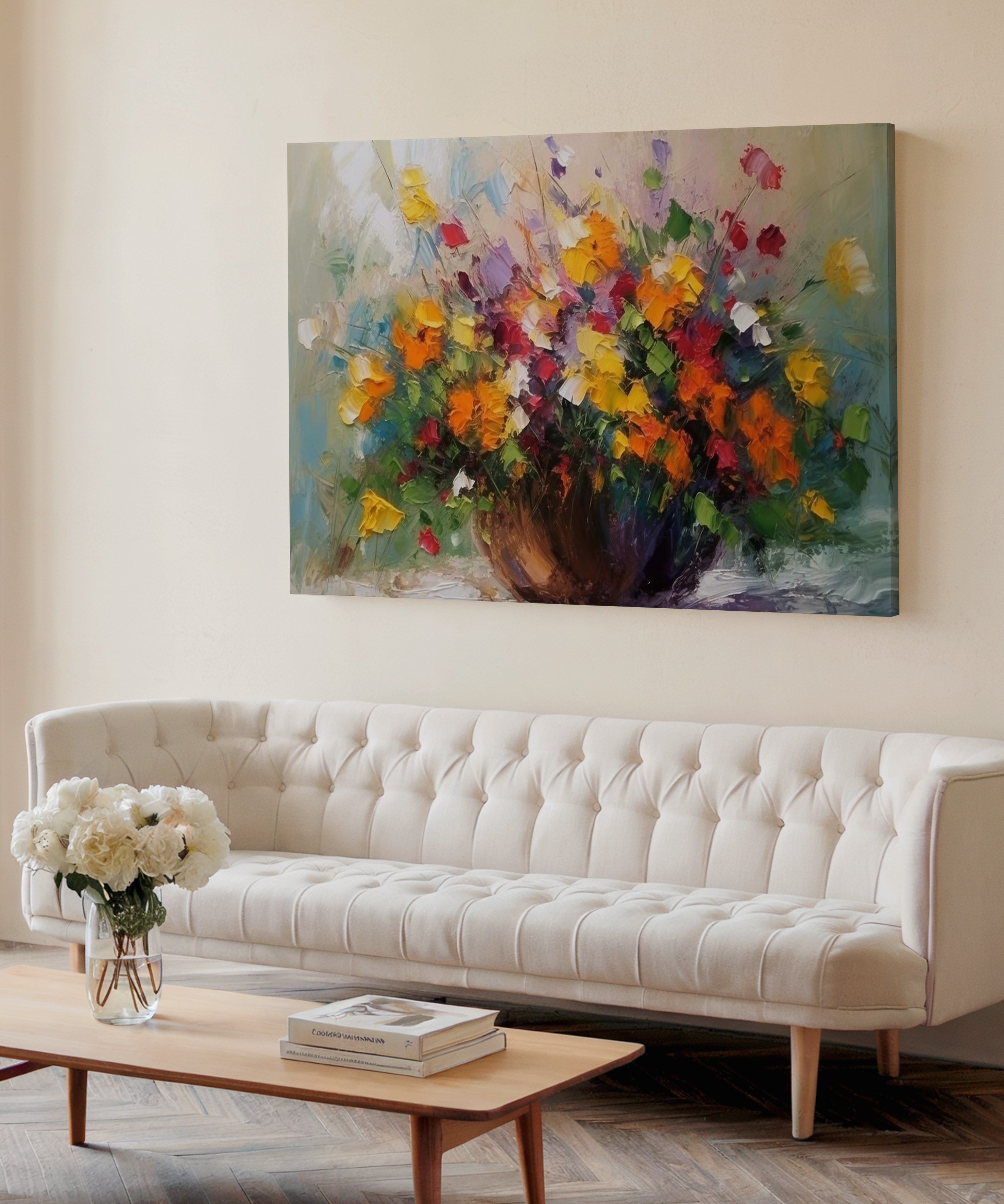 Vazodan Taşan Çiçekler | Yağlıboya dokulu canvas baskı