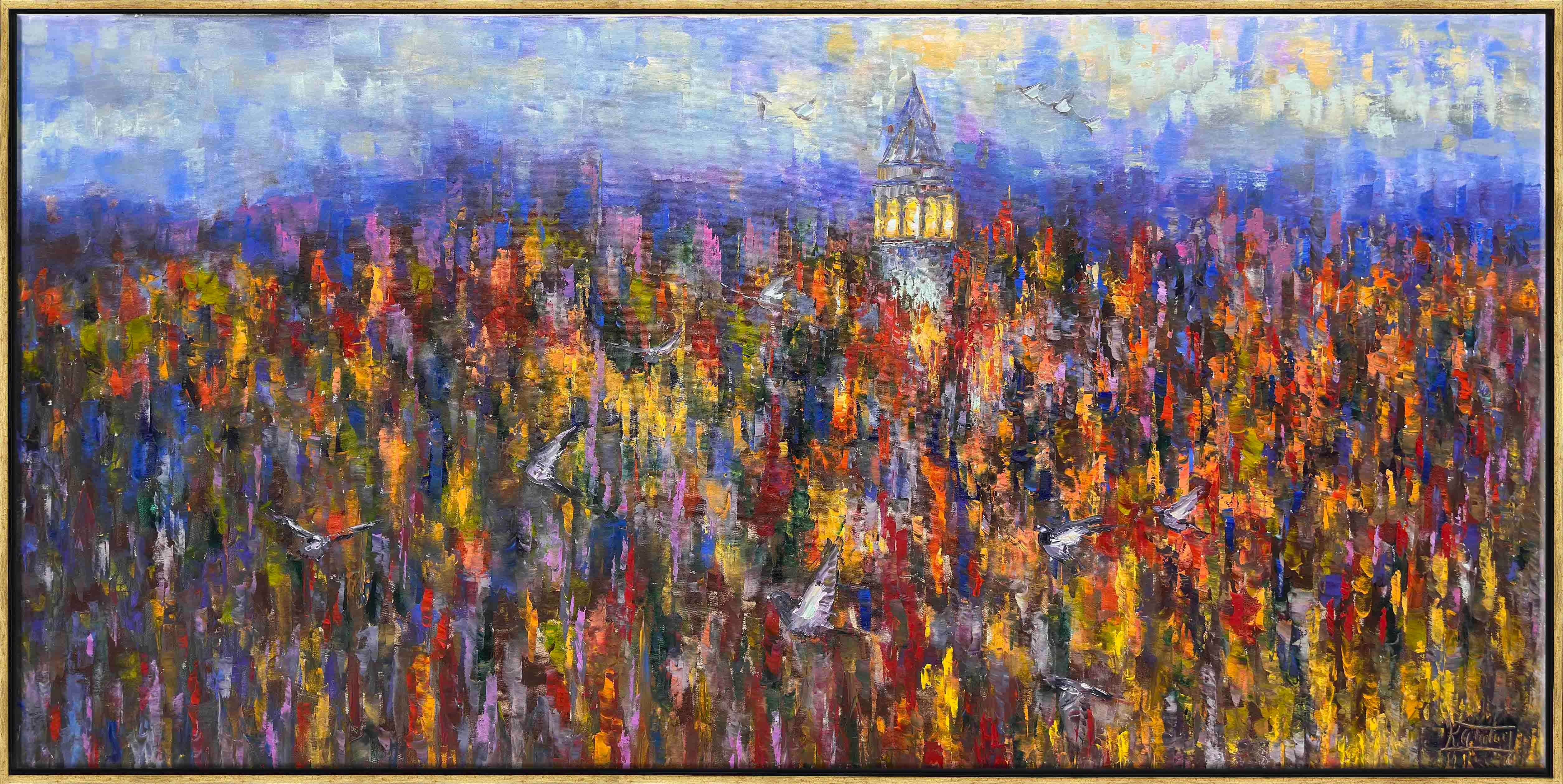 Yağmurda Galata Kuşları | Yağlı Boya Tablo