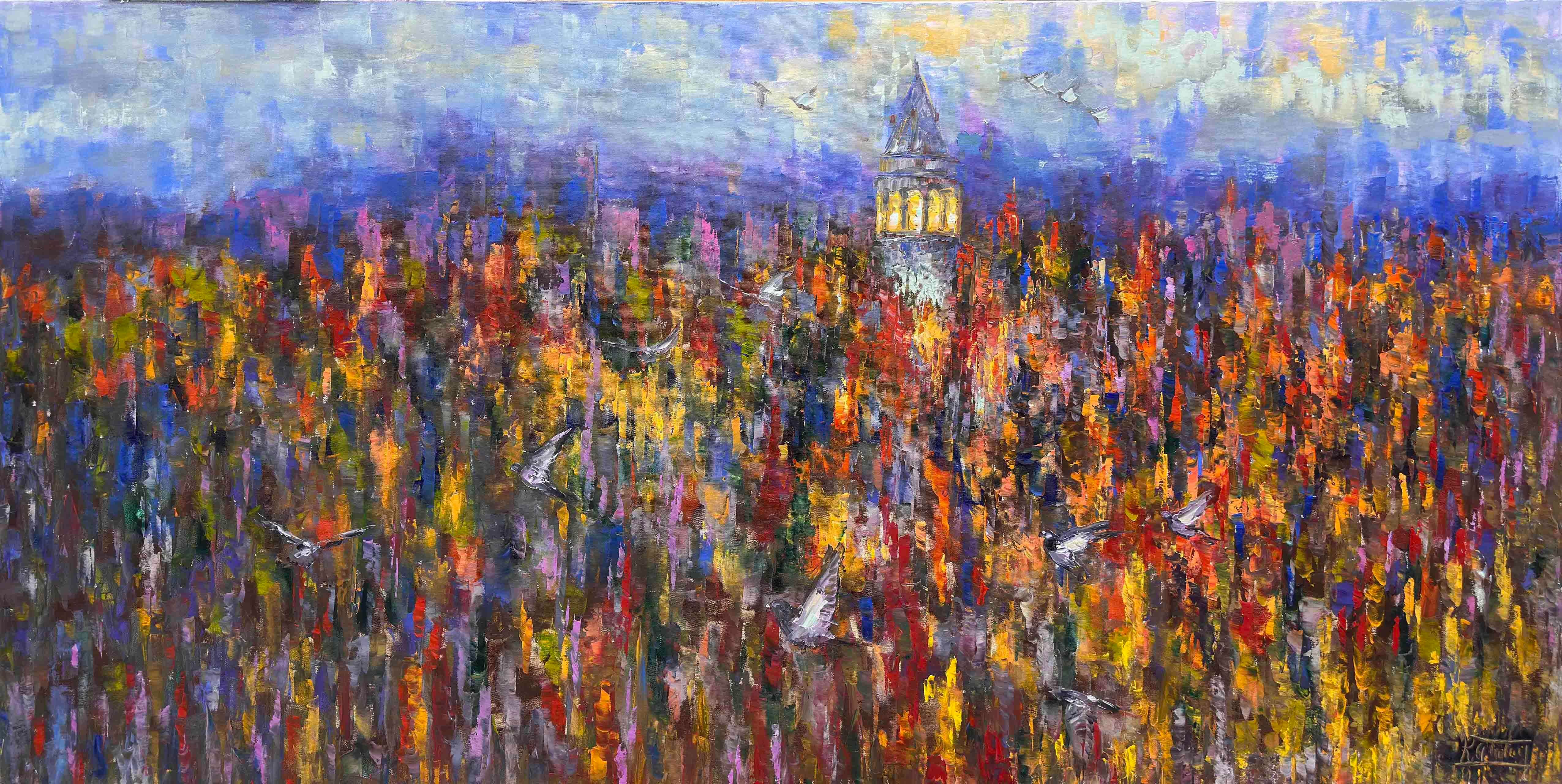 Yağmurda Galata Kuşları | Yağlı Boya Tablo