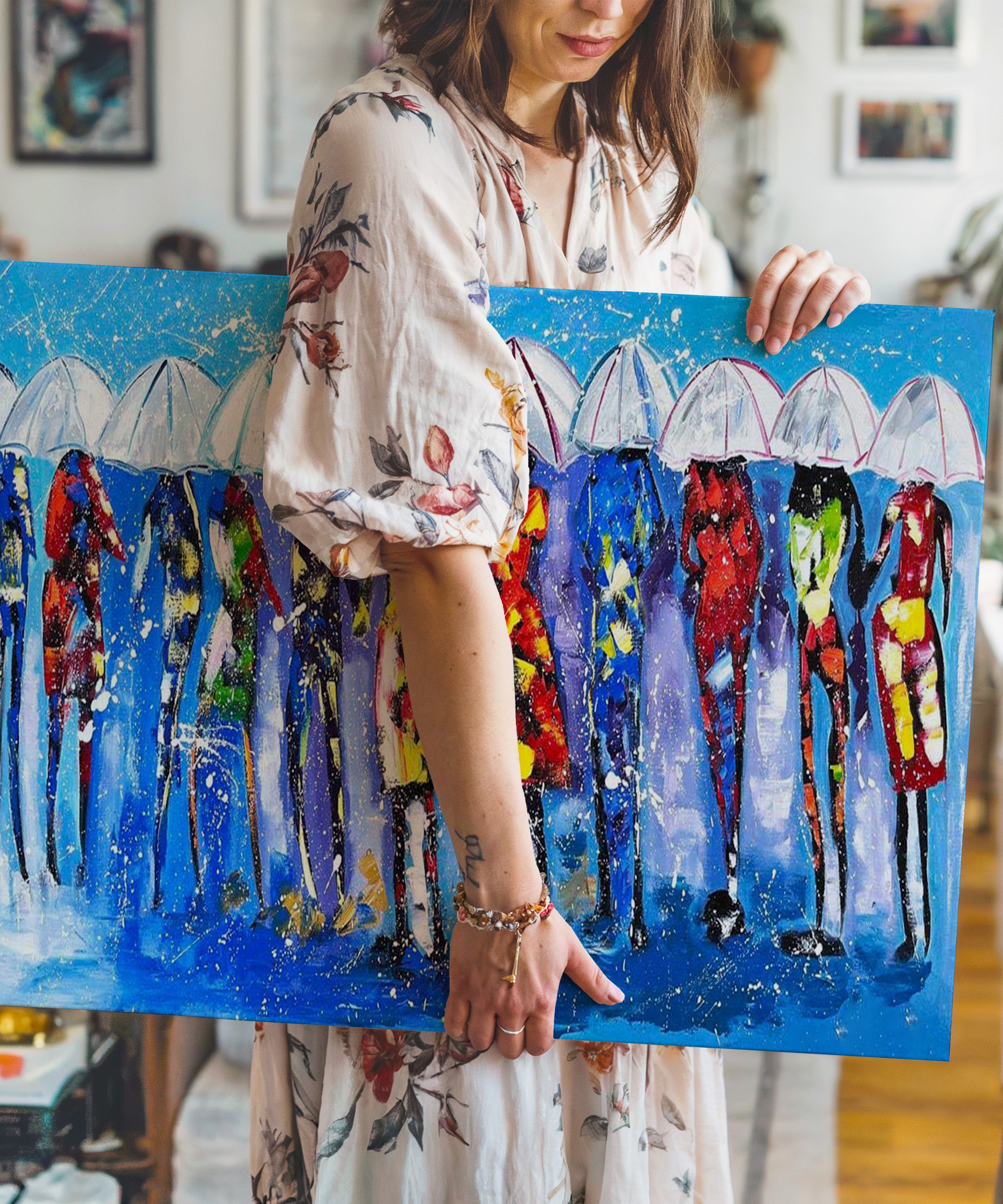 Yağmurun Altında | Yağlı Boya Dokulu Canvas Baskı