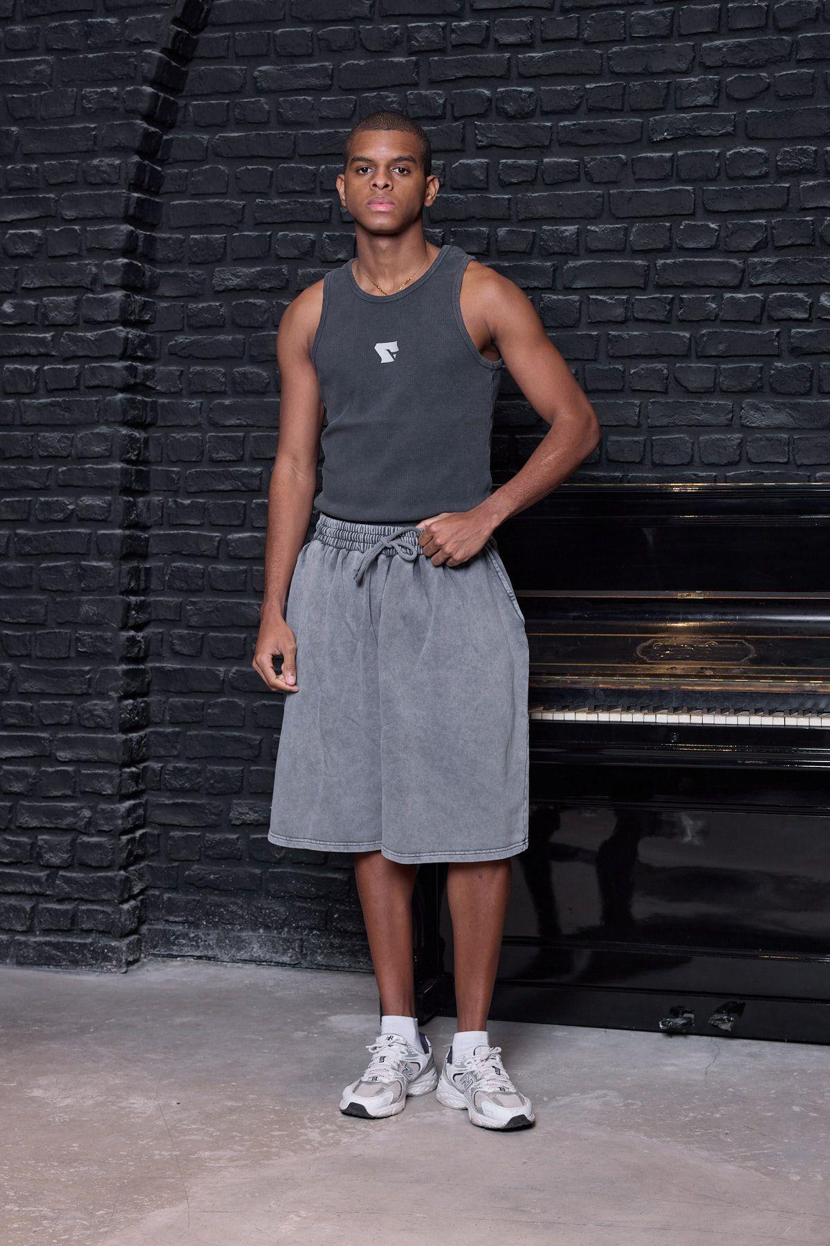 Acid Wash Oversize Jorts / Baggy Şort Açık Füme