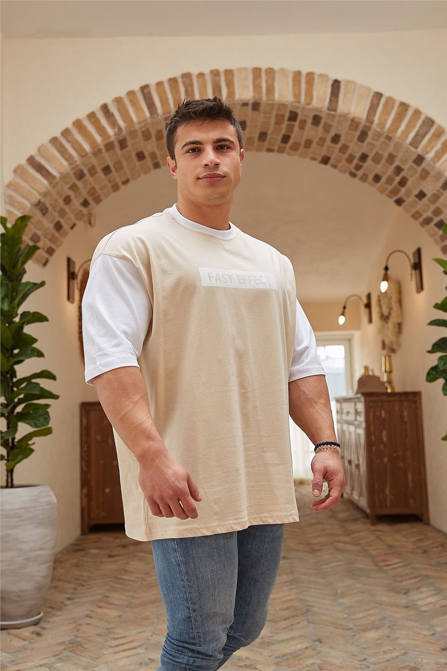 Basic Bej Oversize T-Shirt