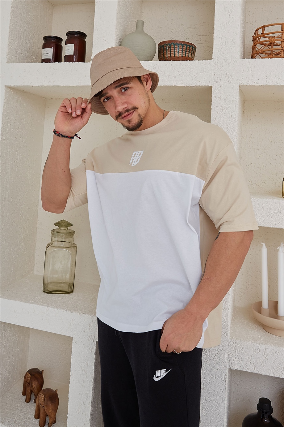 Çift Renkli Bej Oversize T-Shirt