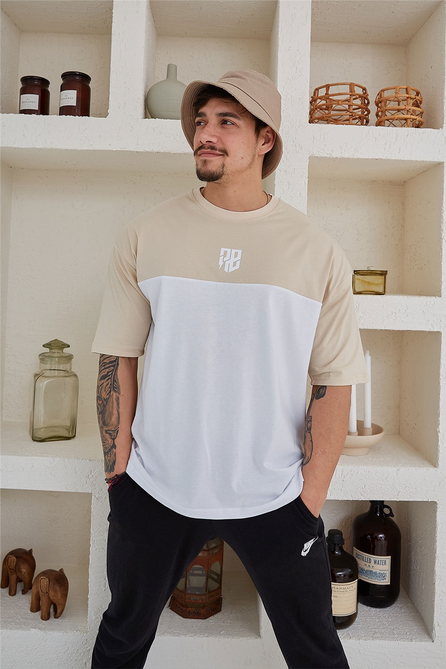 Çift Renkli Bej Oversize T-Shirt