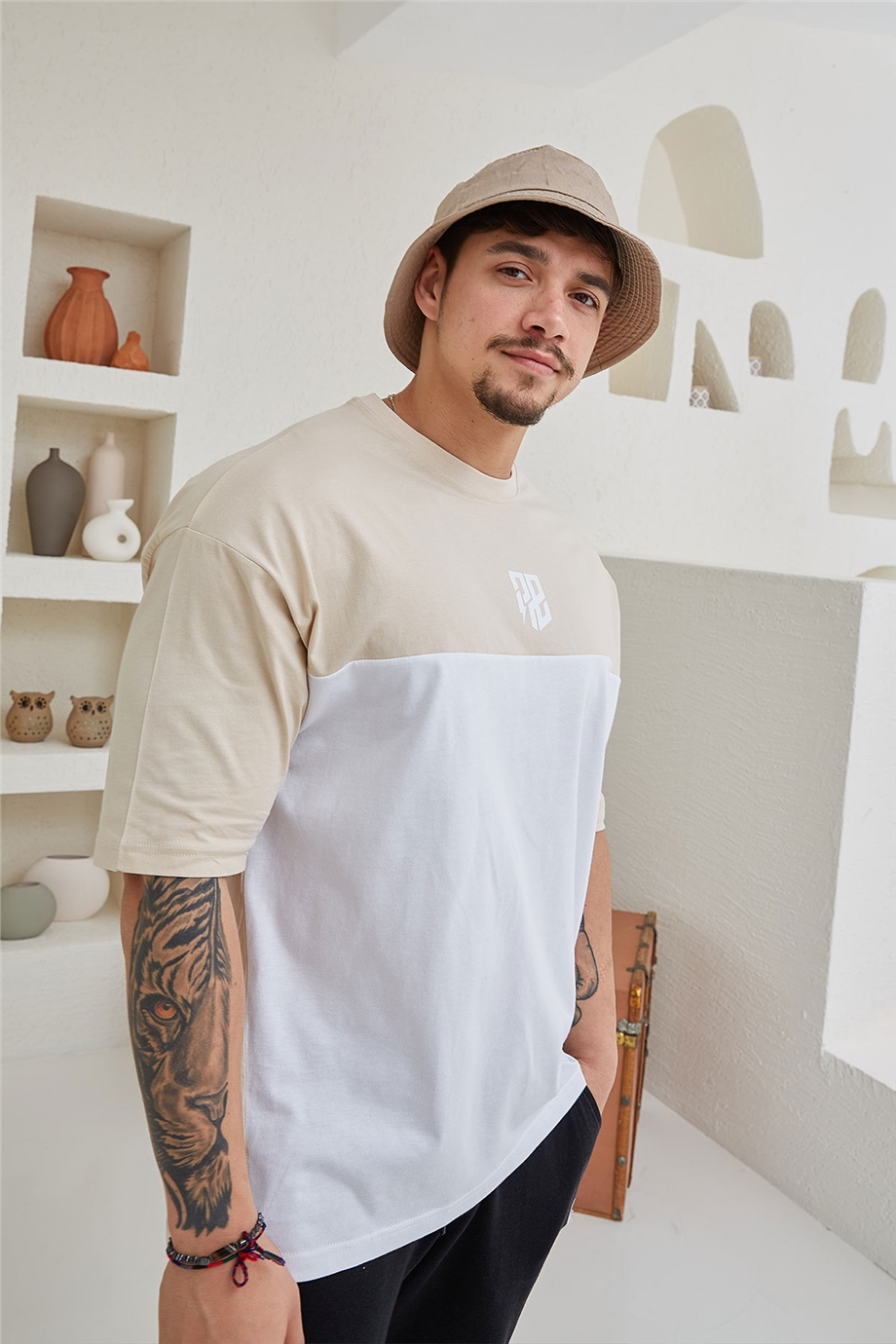 Çift Renkli Bej Oversize T-Shirt