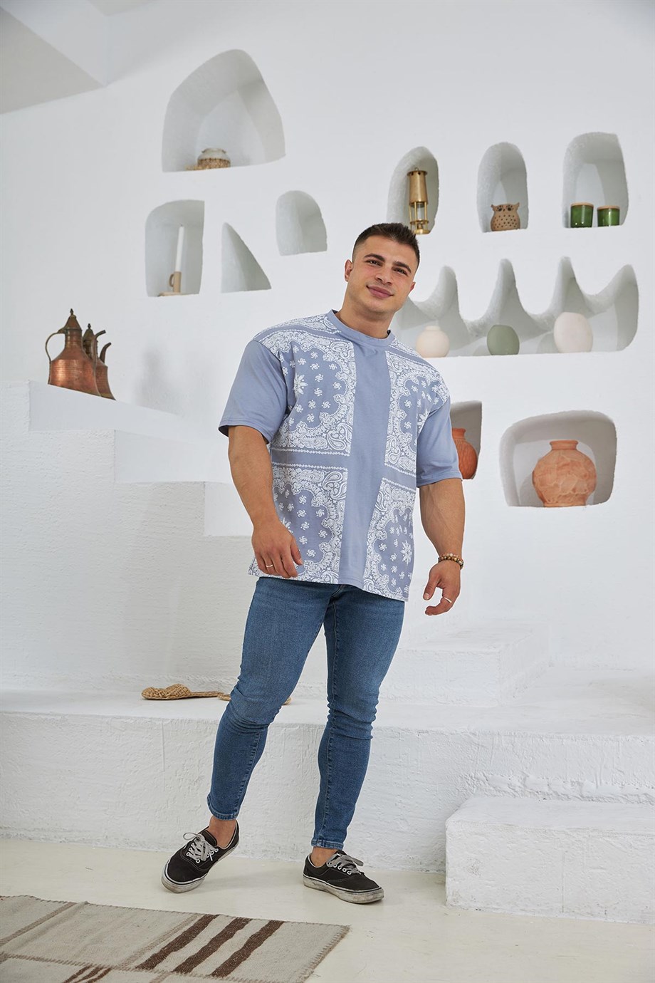 Etnik Desen Detaylı Oversize T-Shirt Mor
