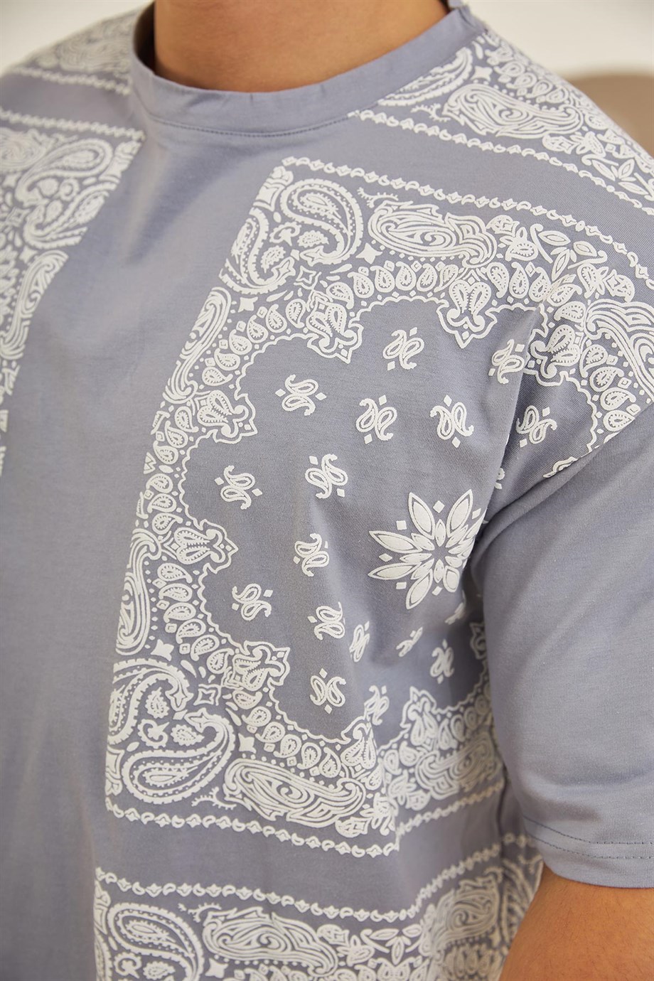 Etnik Desen Detaylı Oversize T-Shirt Mor