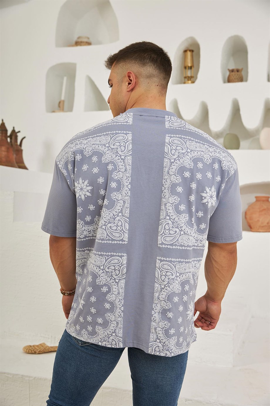 Etnik Desen Detaylı Oversize T-Shirt Mor