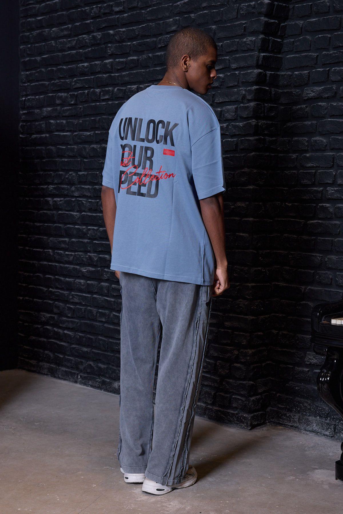 Fast Arka Baskı Oversize Tişört Mavi