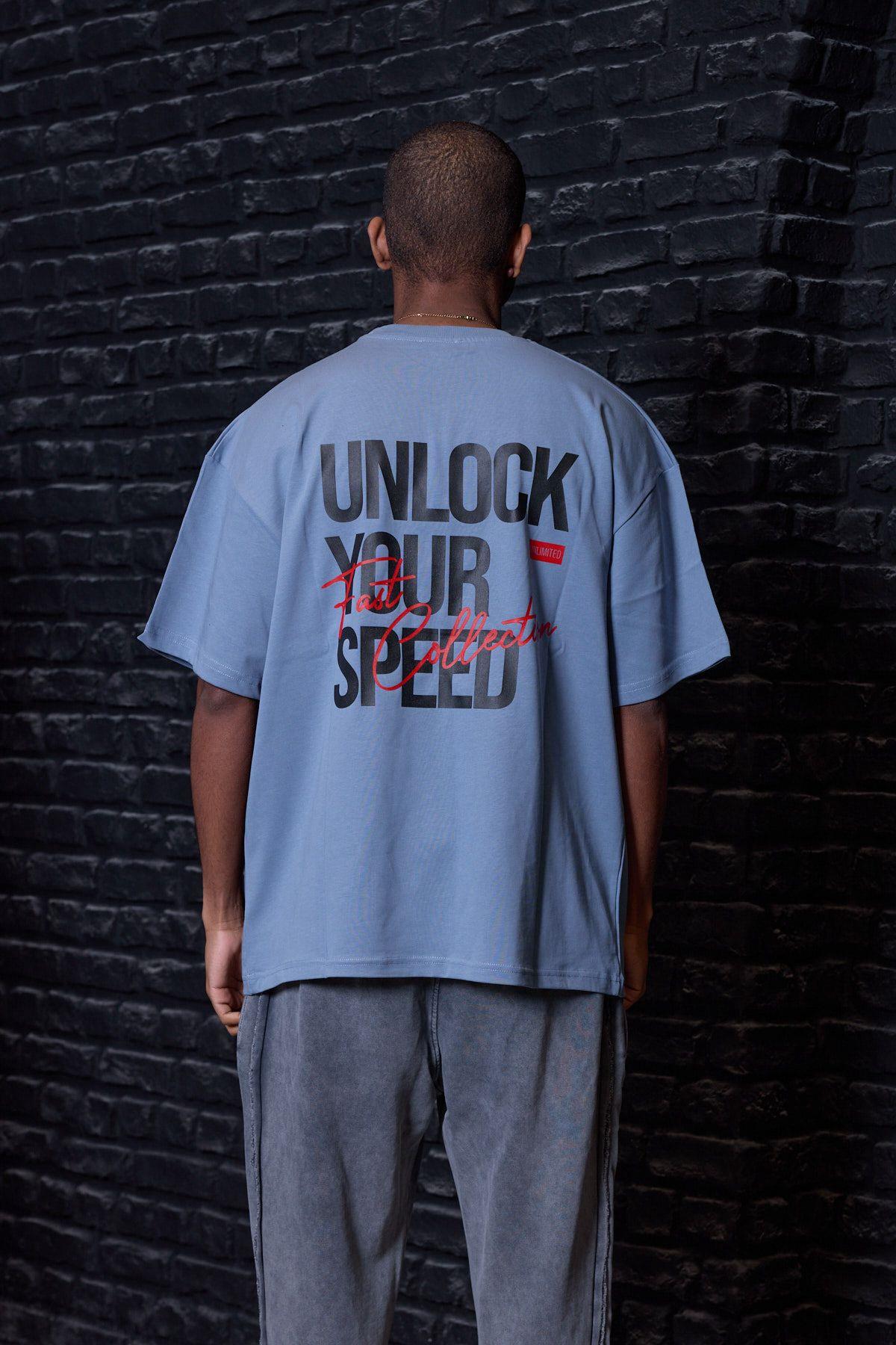 Fast Arka Baskı Oversize Tişört Mavi