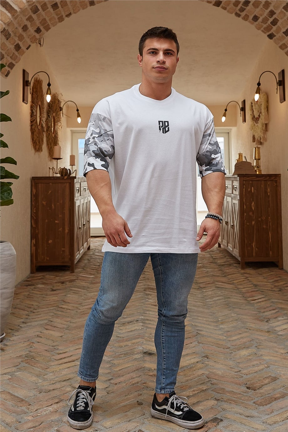 Kamuflaj Desenli Beyaz Oversize T-Shirt