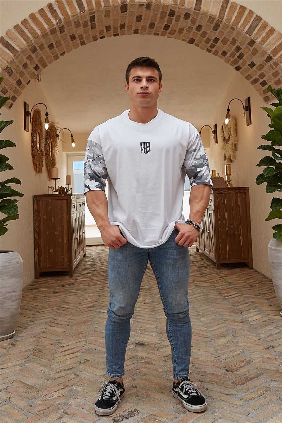 Kamuflaj Desenli Beyaz Oversize T-Shirt
