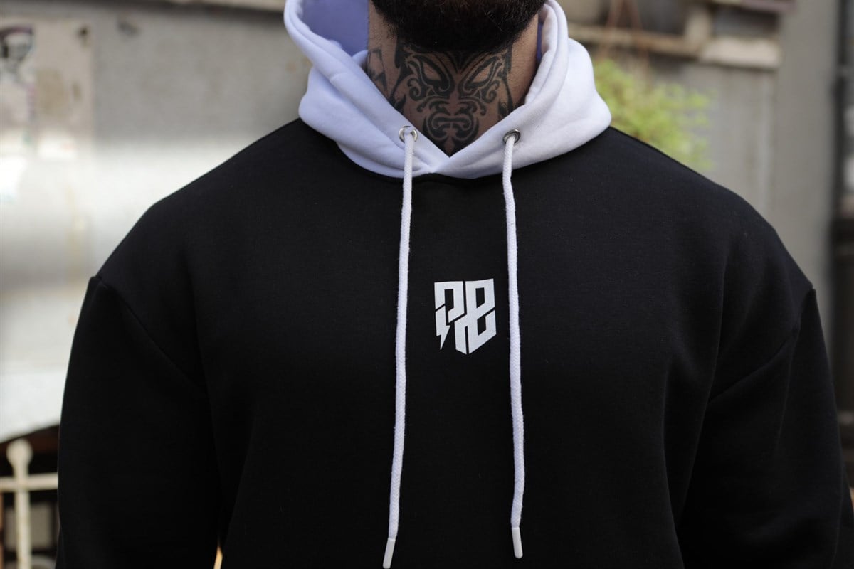 Kolu Şeritli Kapşonlu Siyah Oversize Sweatshirt