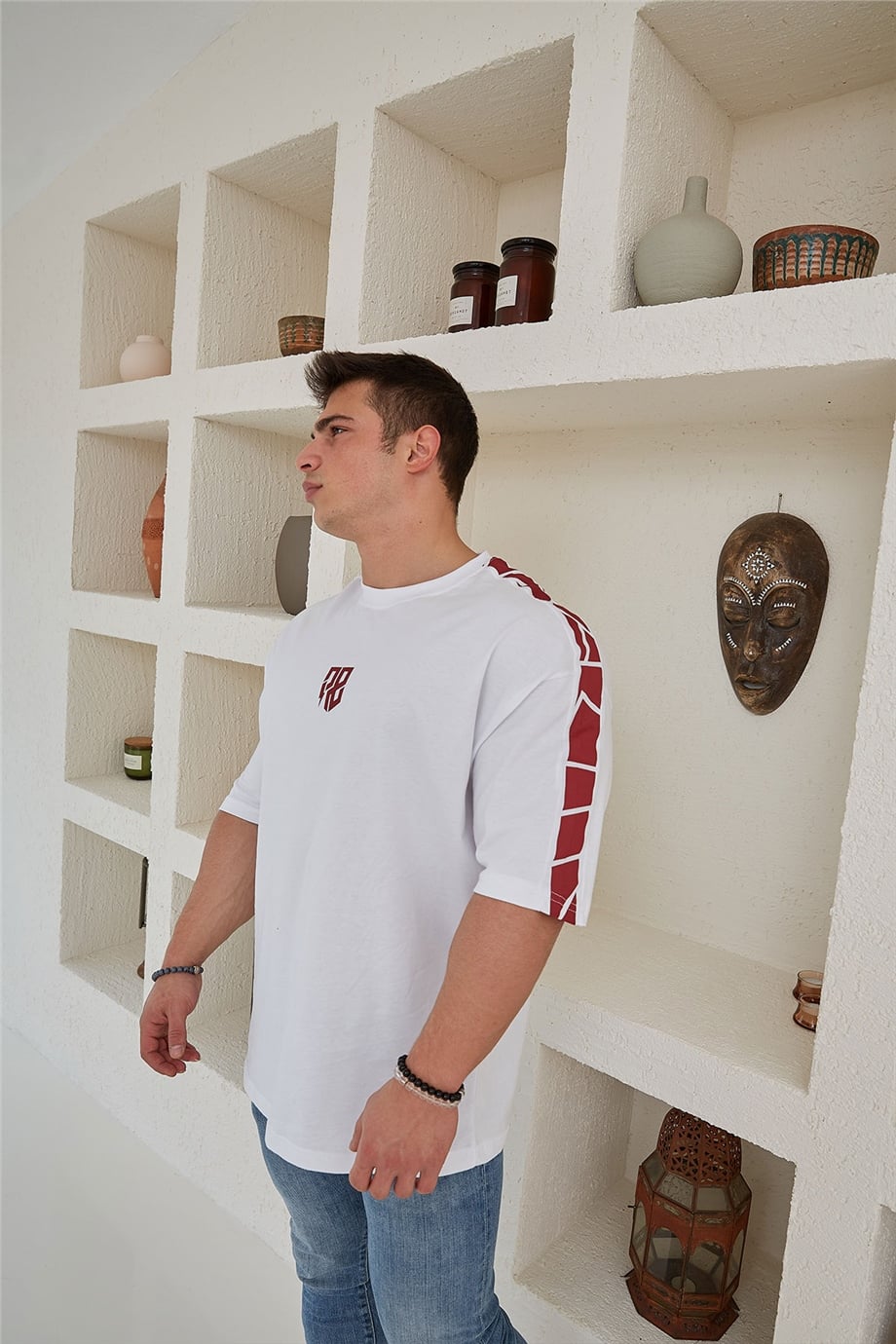 Omuz Detaylı Beyaz Oversize T-Shirt