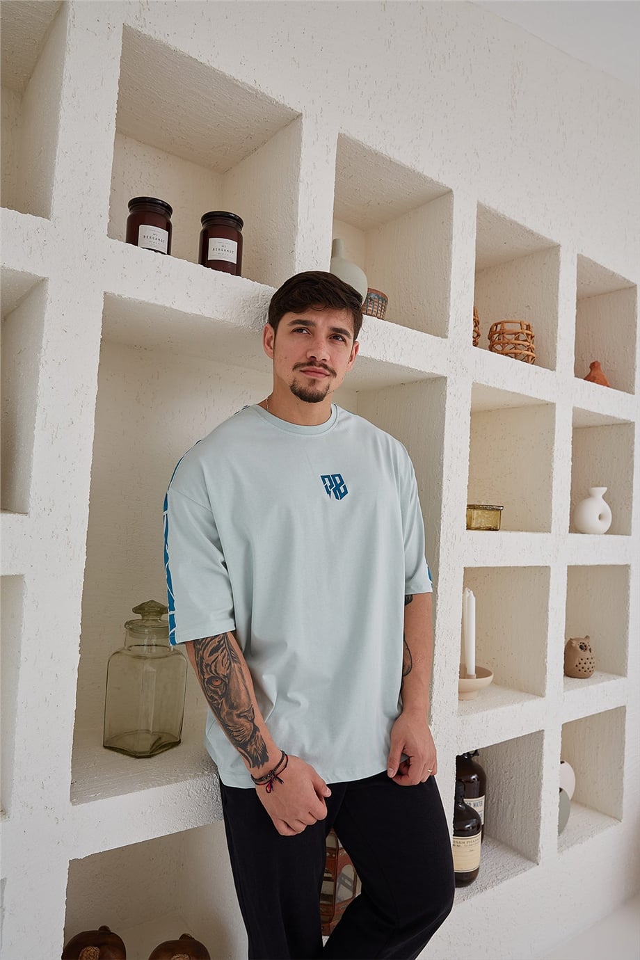 Omuz Detaylı Su Yeşili Oversize T-Shirt