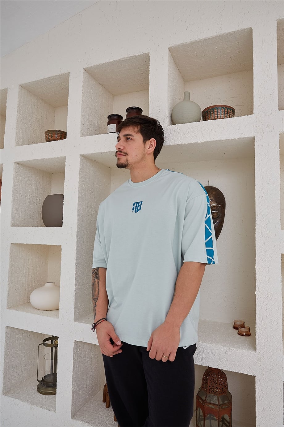 Omuz Detaylı Su Yeşili Oversize T-Shirt